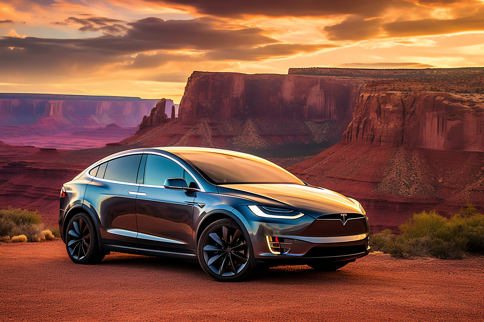 Tesla Model X SUV, Grand Canyon panorama, American road trip, Electric luxury, Spacious family car, HD Desktop Wallpaper