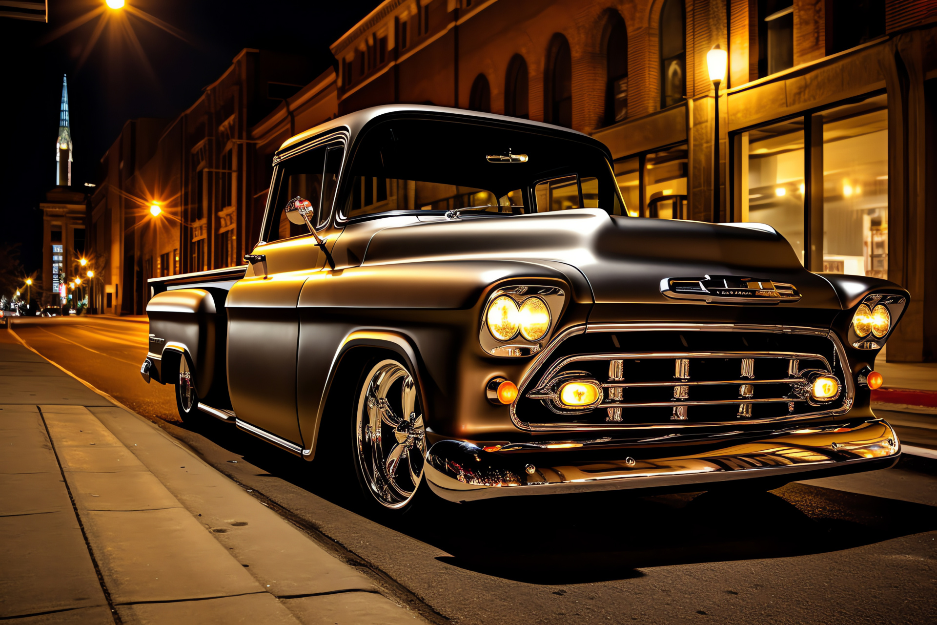 Vintage Chevrolet pickup, urban roads, classic design, automotive headlamps, metal detailing, HD Desktop Image