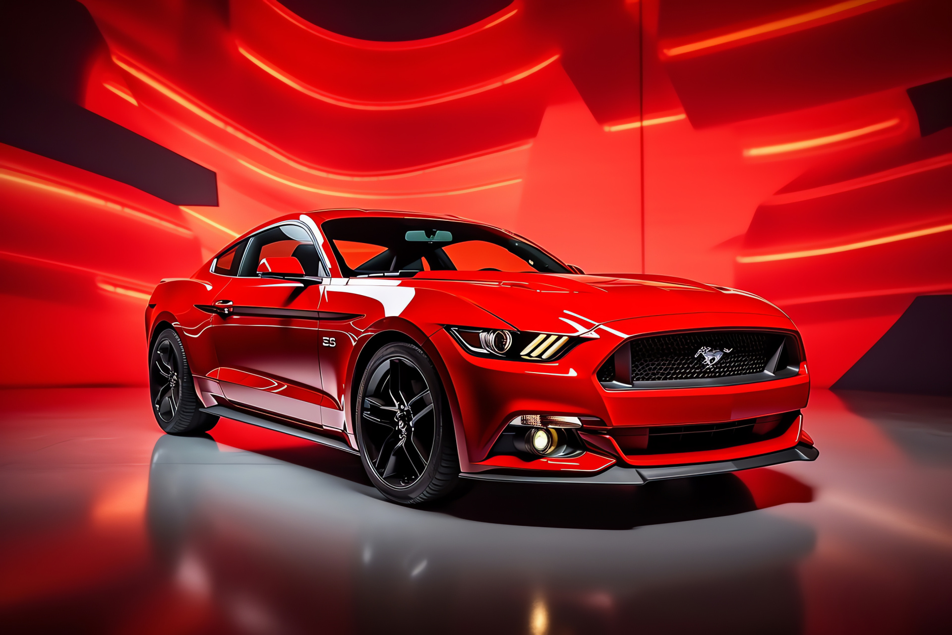 Mustang HD, Vivid red appearance, Bold automotive character, Monochromatic red visual, Powerful vehicle presence, HD Desktop Wallpaper