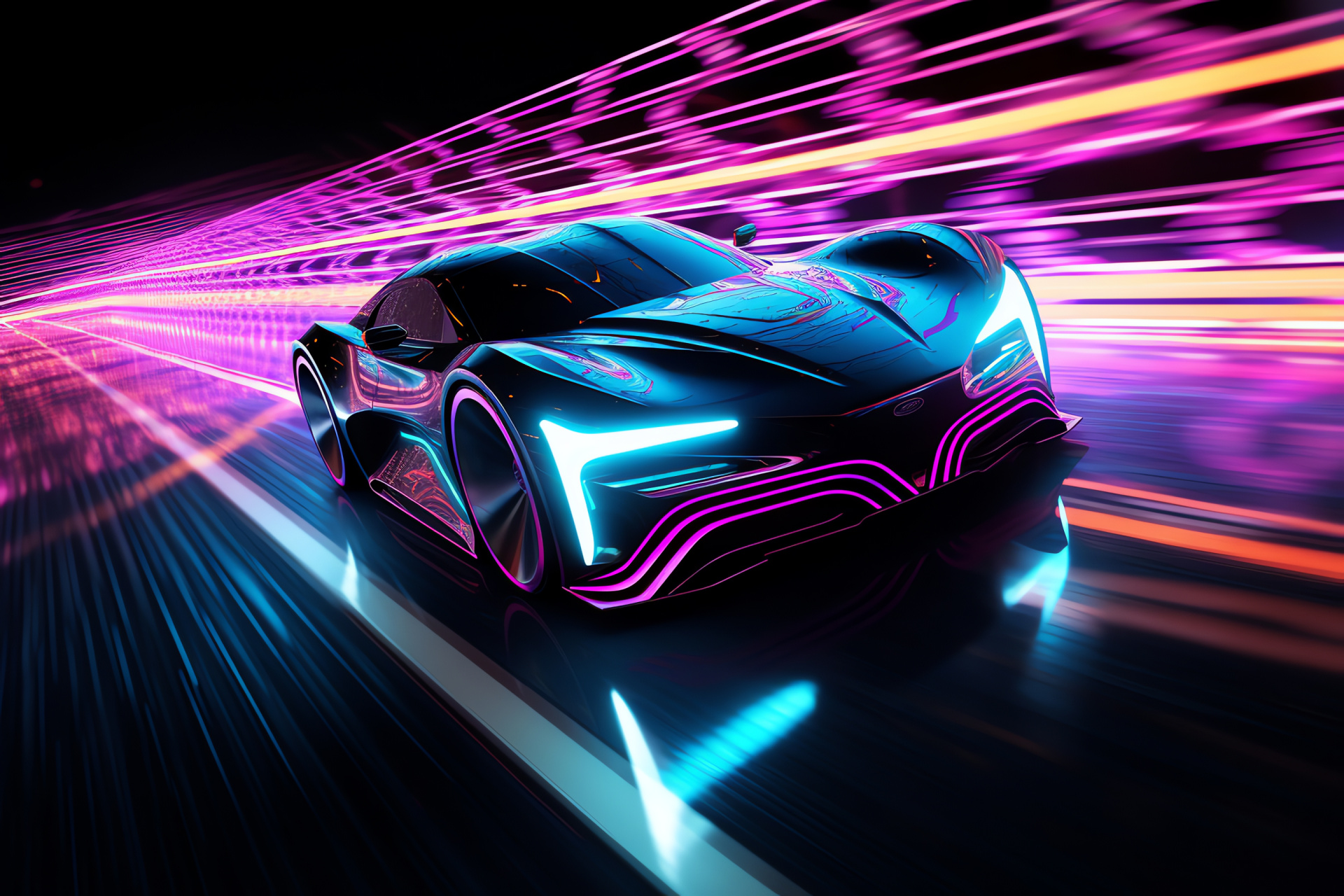 Virtual neon vehicle, futuristic Tron-like grid, digital speedsters, low-angle dynamic, fantasy racing landscape, HD Desktop Image