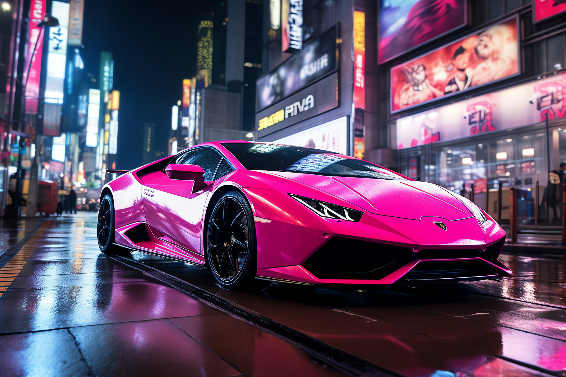 Tokyo's Pink Lamborghini Huracan EVO, Urban nightlife, Japanese supercar, Busy Shibuya district, City lights, HD Desktop Wallpaper