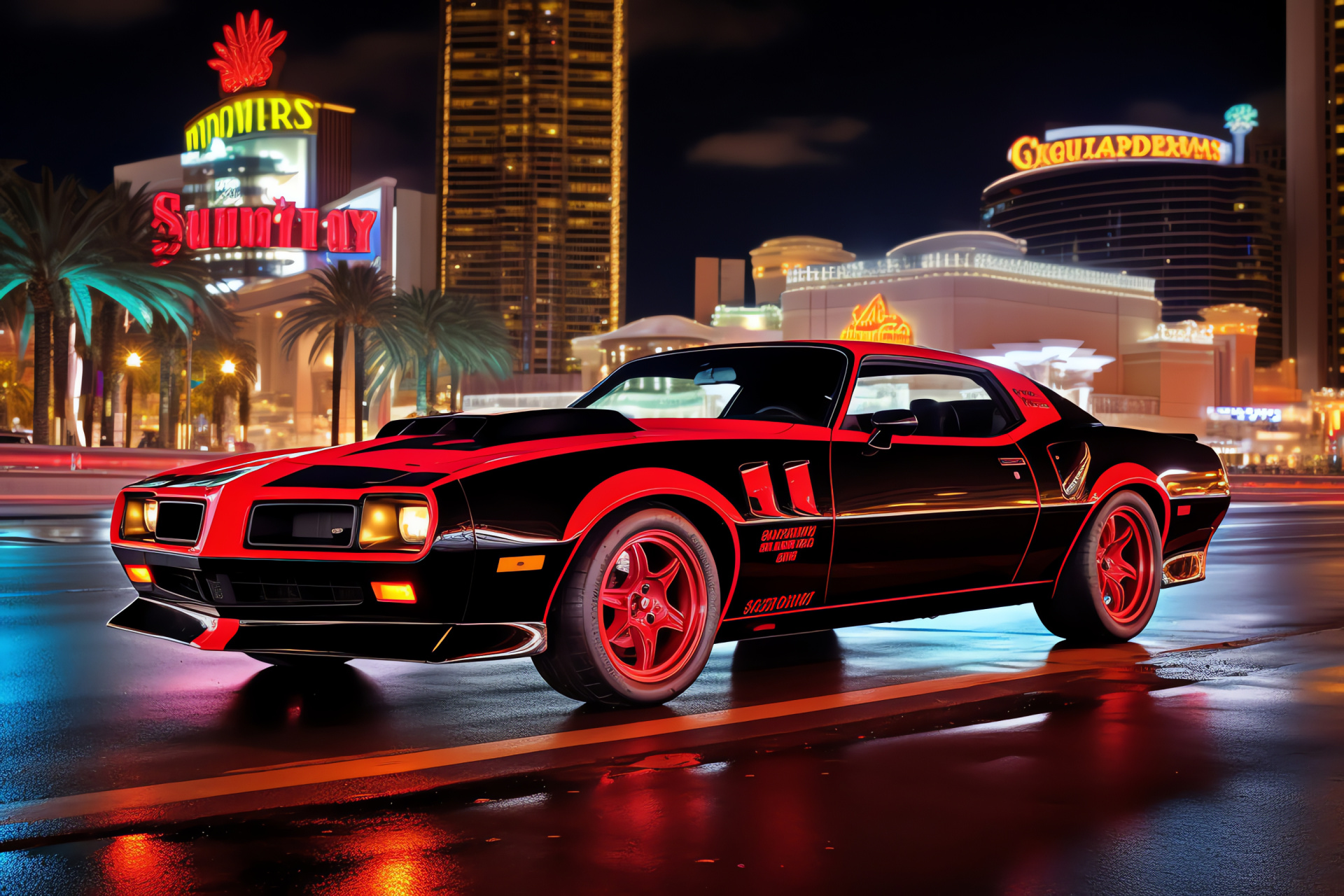 Trans Am Sin City Edition, Las Vegas vibrancy, Nighttime neon prominence, Custom car graphics, Black and red classic contrast, HD Desktop Image