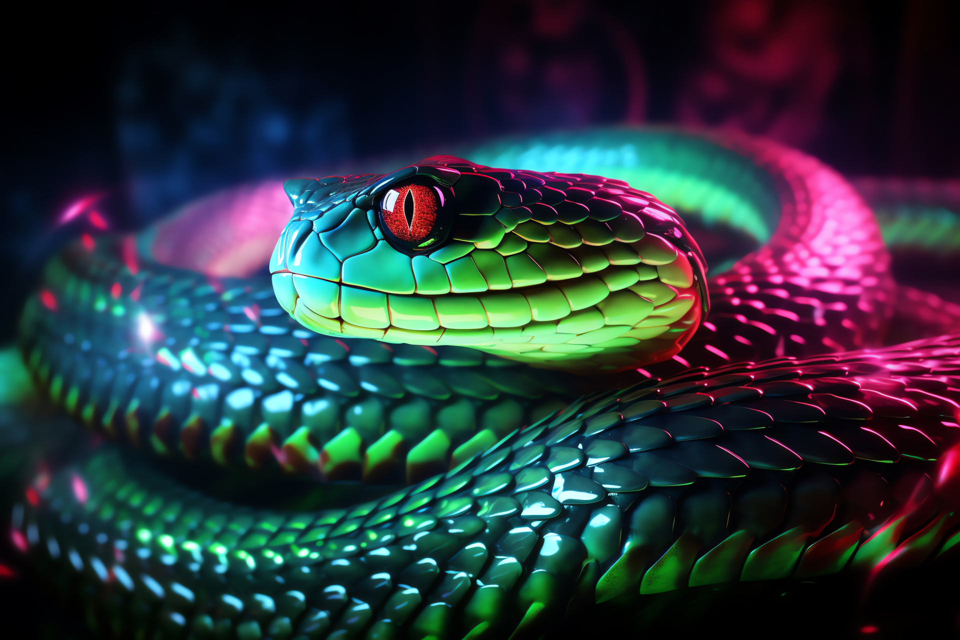 Green Neon Snake, Reptilian glare, Artistic tri-tone background, Shine and contrast, HD Desktop Wallpaper