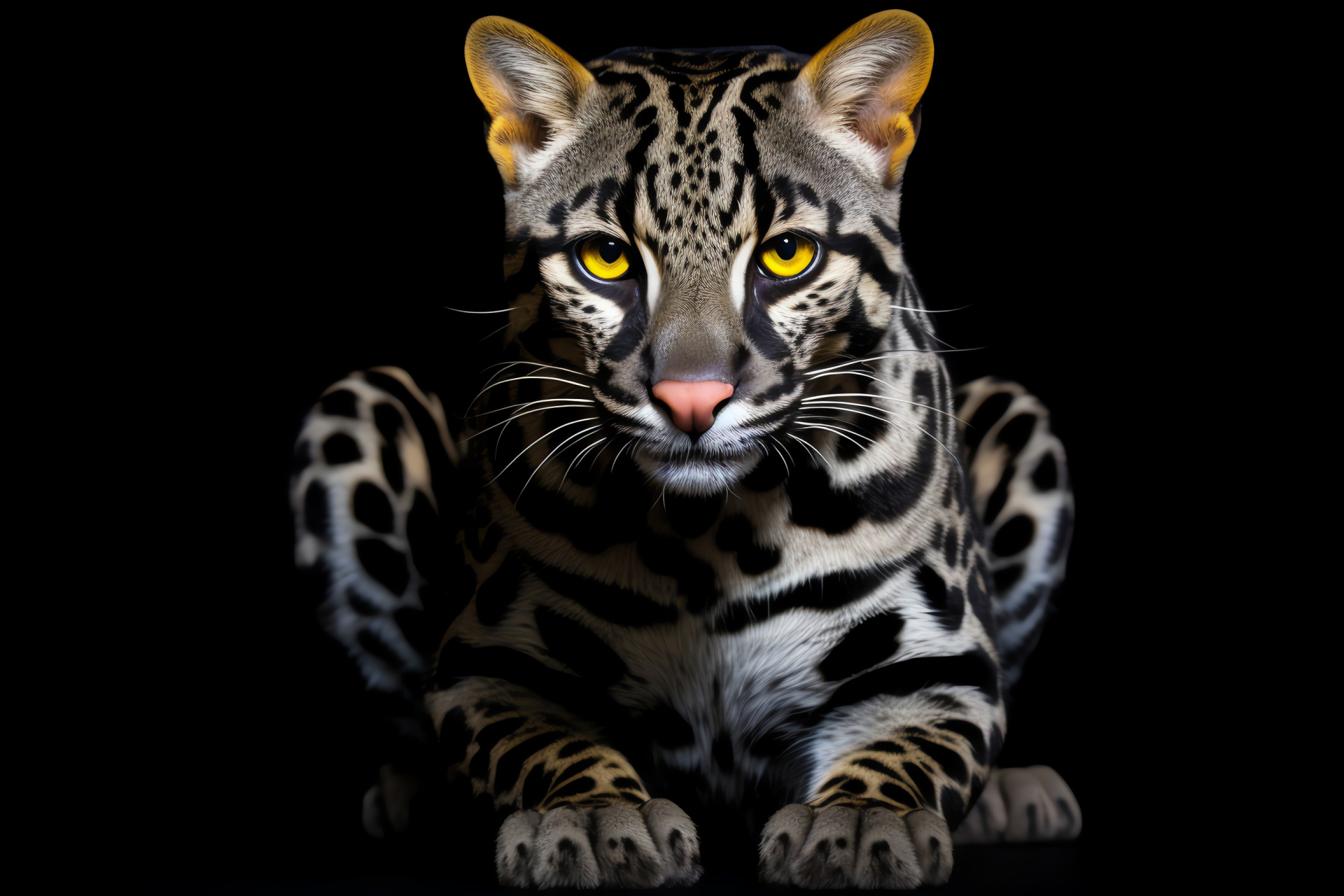 Ocelot, Feline yellow gaze, Sleek gray coat, Curious animal, Dark singular setting, HD Desktop Image