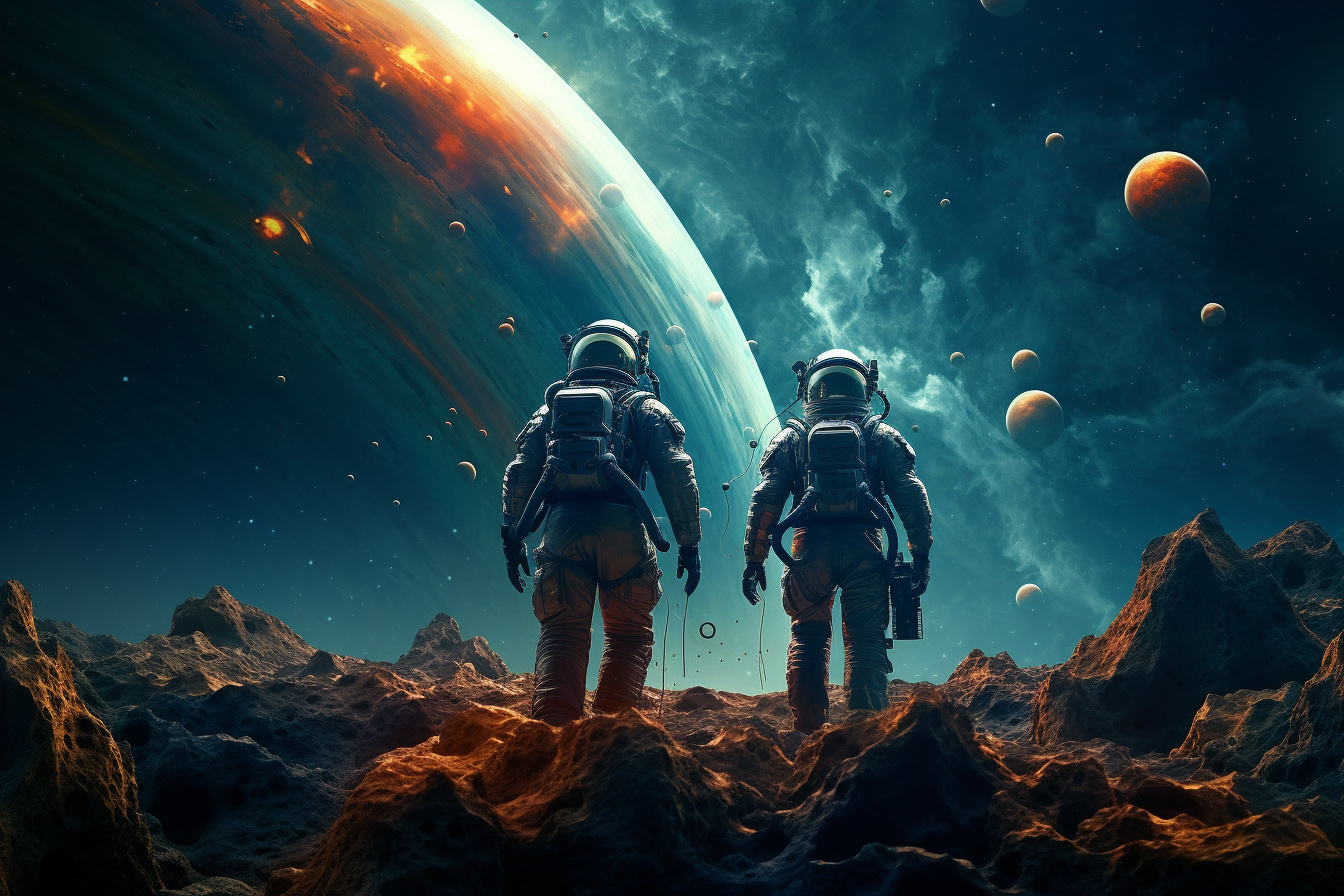 Interstellar exploration, Astronaut team, Advanced spacesuits, Extraterrestrial world, Space odyssey, HD Desktop Wallpaper