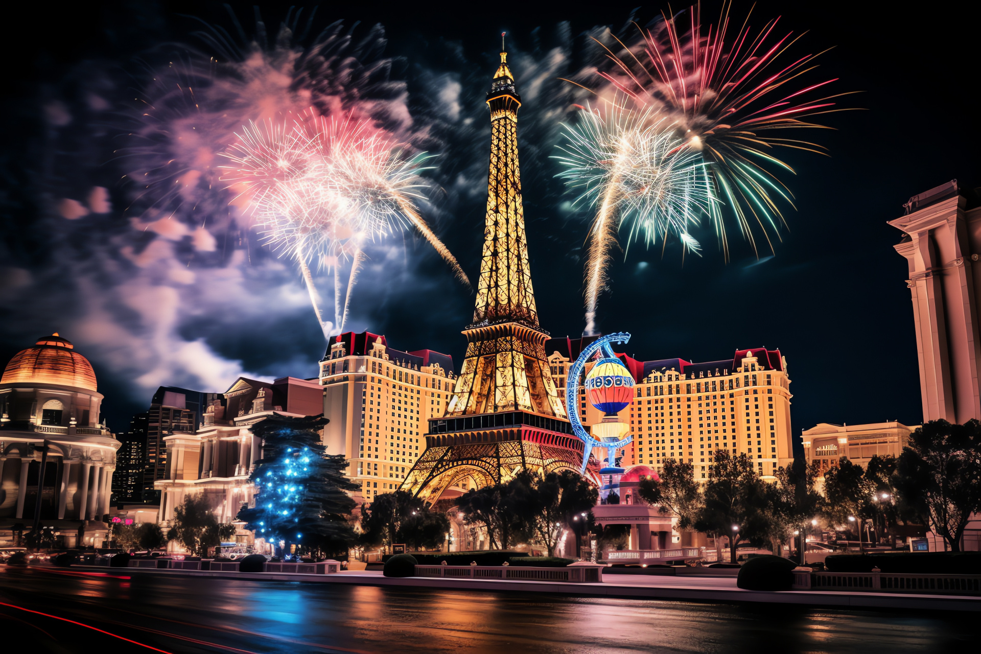 Vegas New Year's fireworks, Resort-lined boulevard, Casino-filled festivities, Midnight celebration, Hotel facades, HD Desktop Image