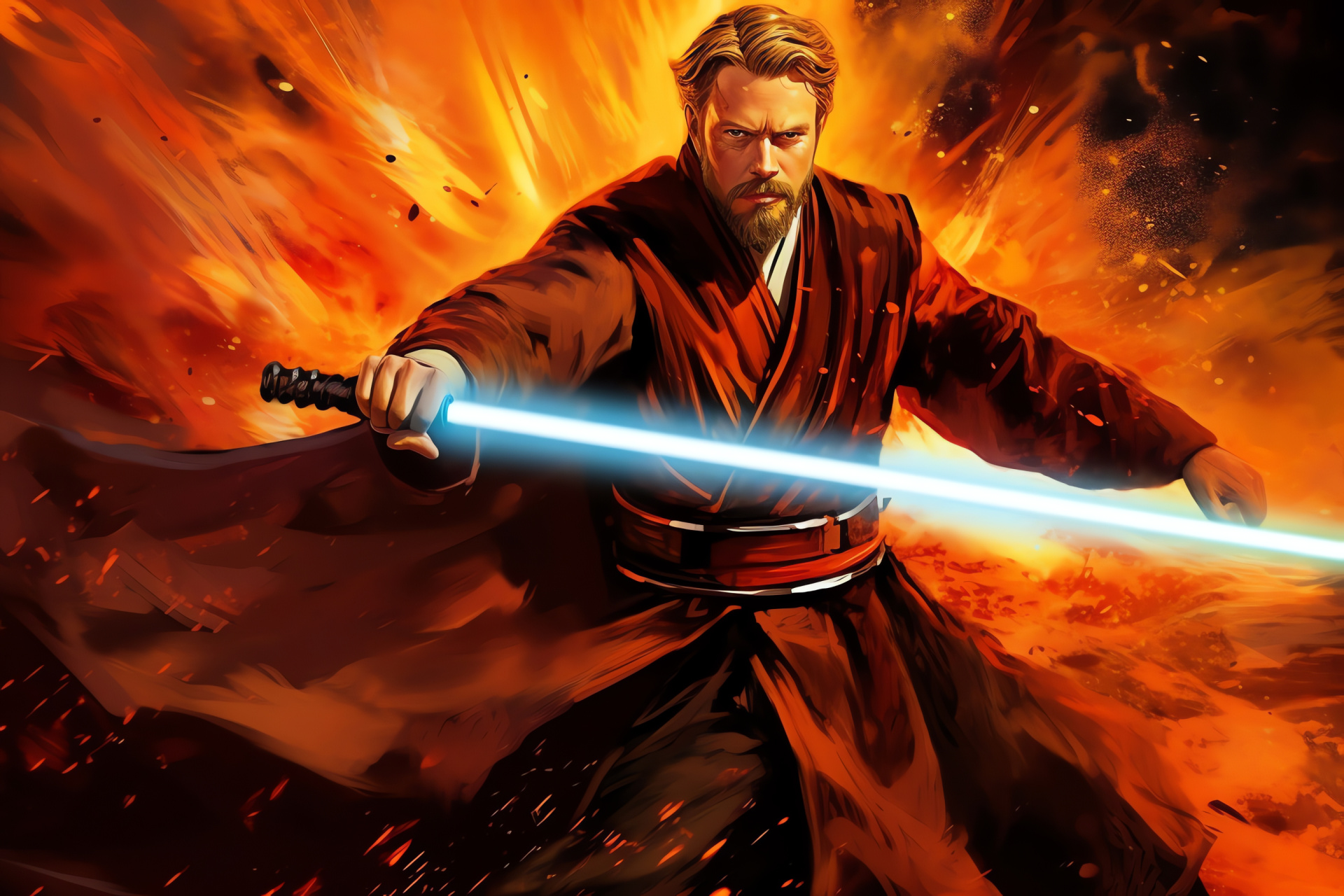 Kenobi versus Maul, Holocron iconic duel, Volcanic Mustafar setting, Jedi-Sith showdown, Lightsaber effects, HD Desktop Wallpaper