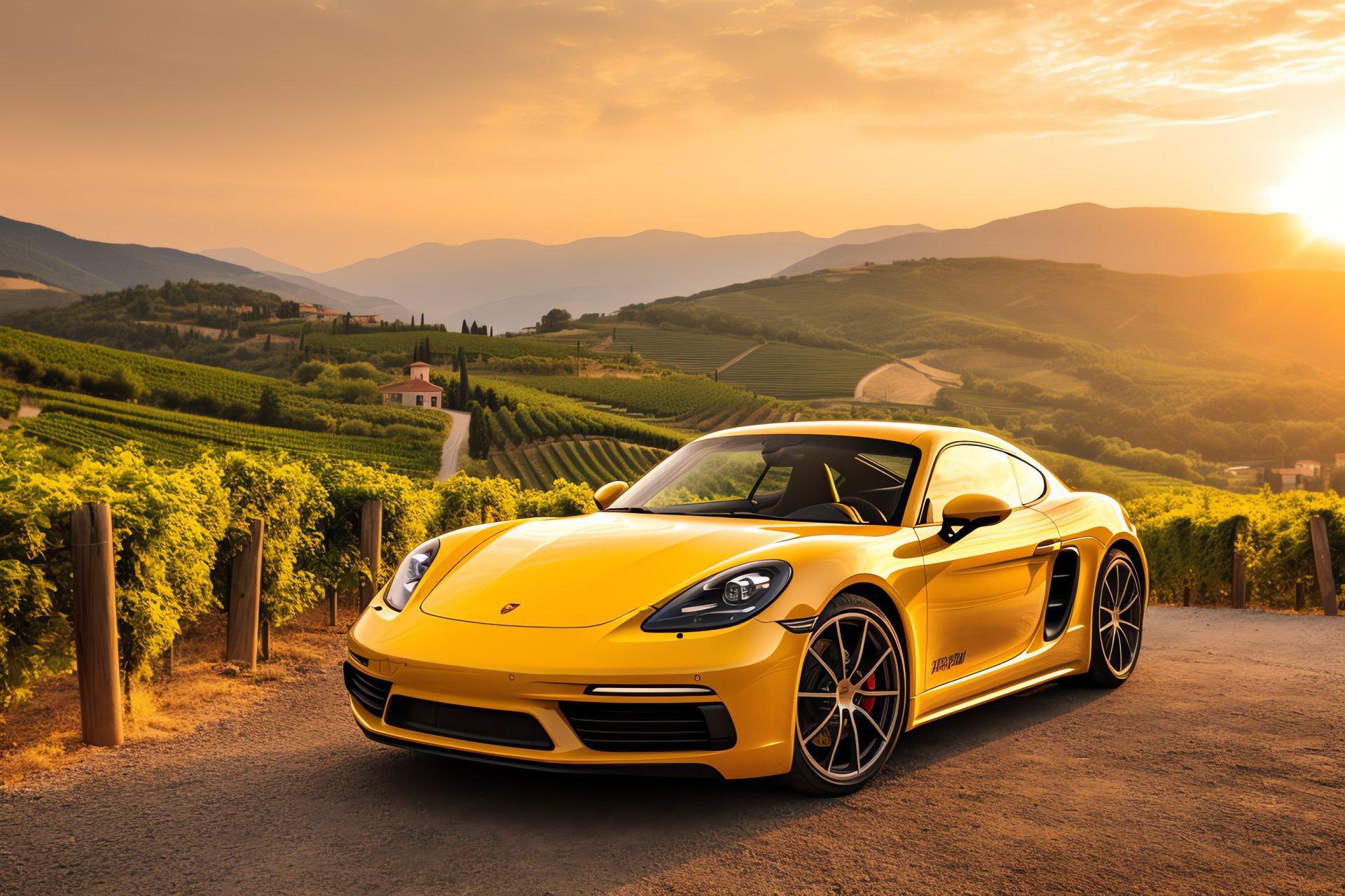 Porsche Cayman T in Tuscany, Yellow finish, Italian countryside charm, Vineyard surroundings, Idyllic panorama, HD Desktop Wallpaper