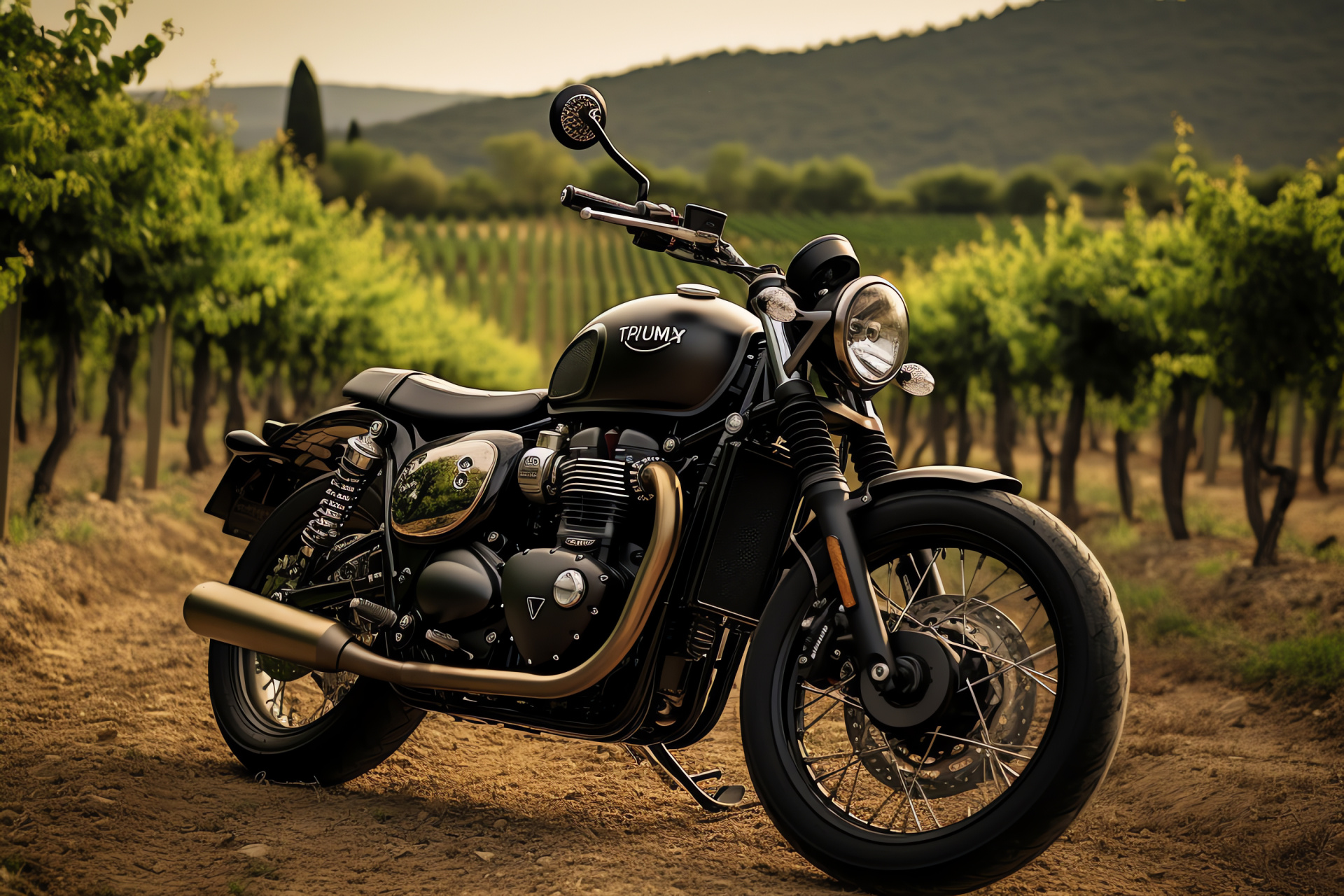 Triumph Bobber Black Edition, Italian scenic landscape, Matte motorcycle aesthetics, Tuscany's natural beauty, Classic biker experience, HD Desktop Wallpaper
