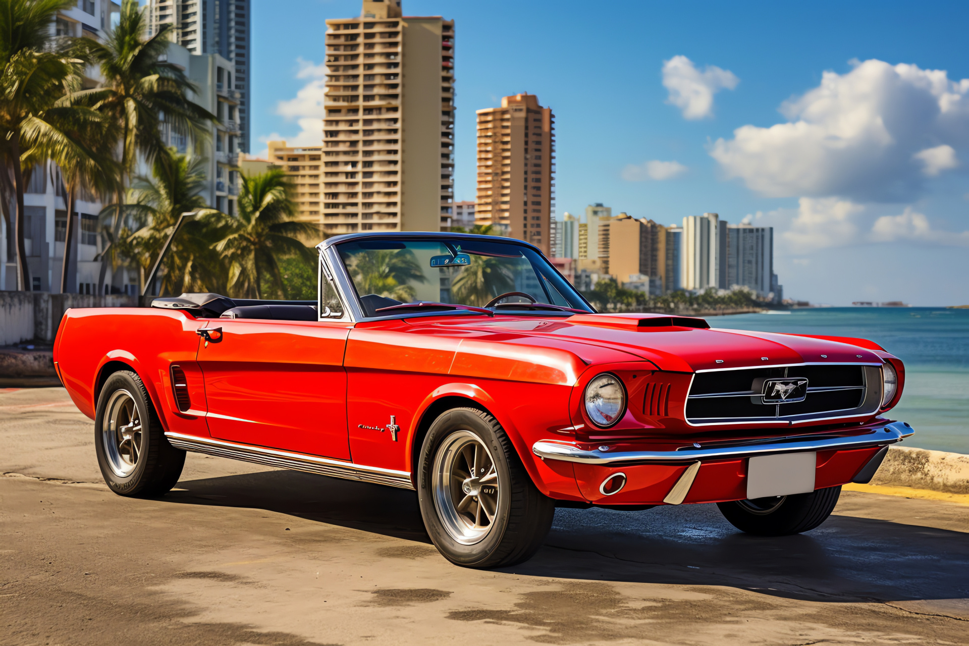 Vintage Ford Mustang, Convertible car, Havana streets, Cuban architecture, Coastal road, HD Desktop Image