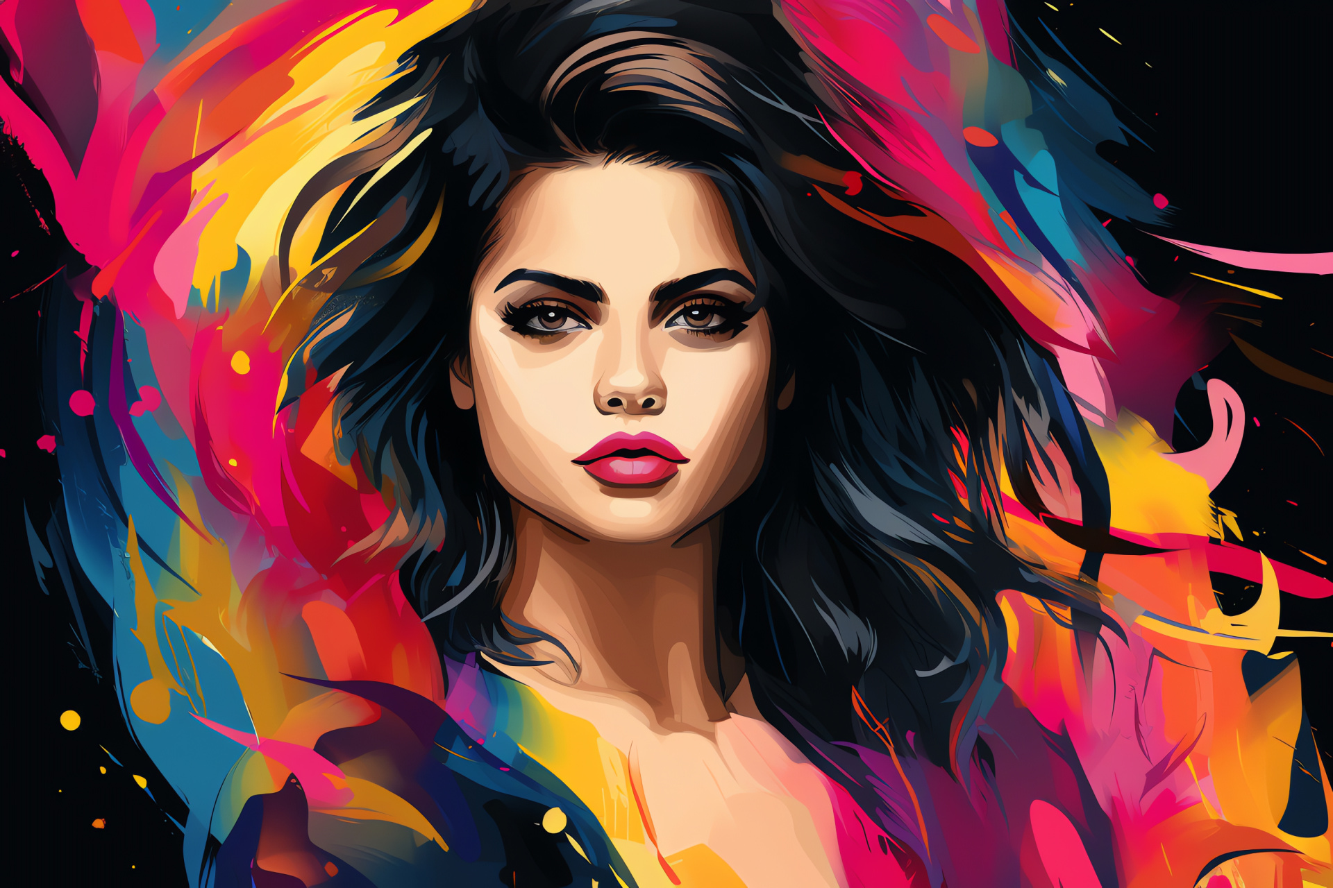 Selena Gomez, Serene expression, Pop musician, Multi-color backdrop, Peaceful aura, HD Desktop Wallpaper