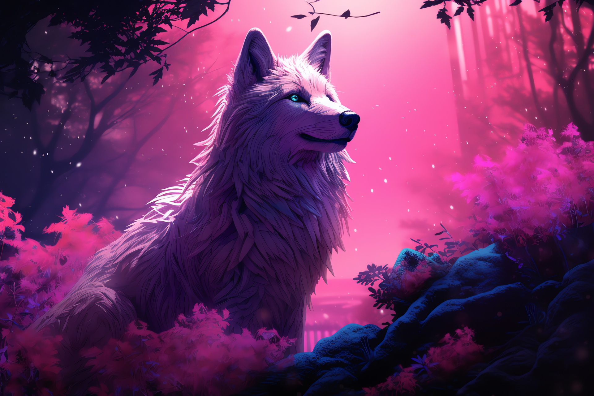 Mythical pink wolf, dreamy violet stare, pastel tones, enchanting forest, nocturnal ambiance, HD Desktop Image