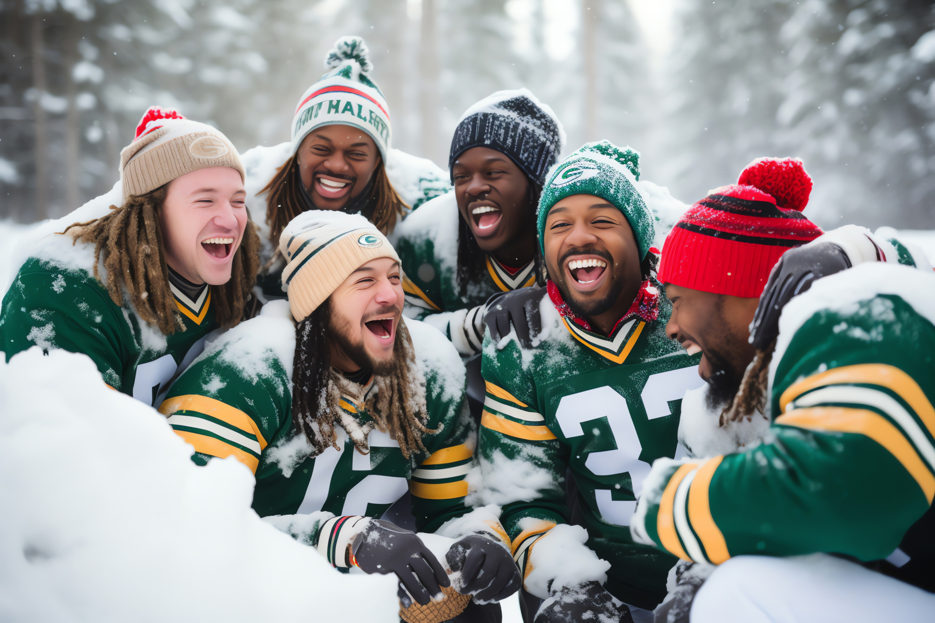 NFL holiday spirit, Snowy competition, Team camaraderie, Winter sportsmanship, Festive match, HD Desktop Wallpaper