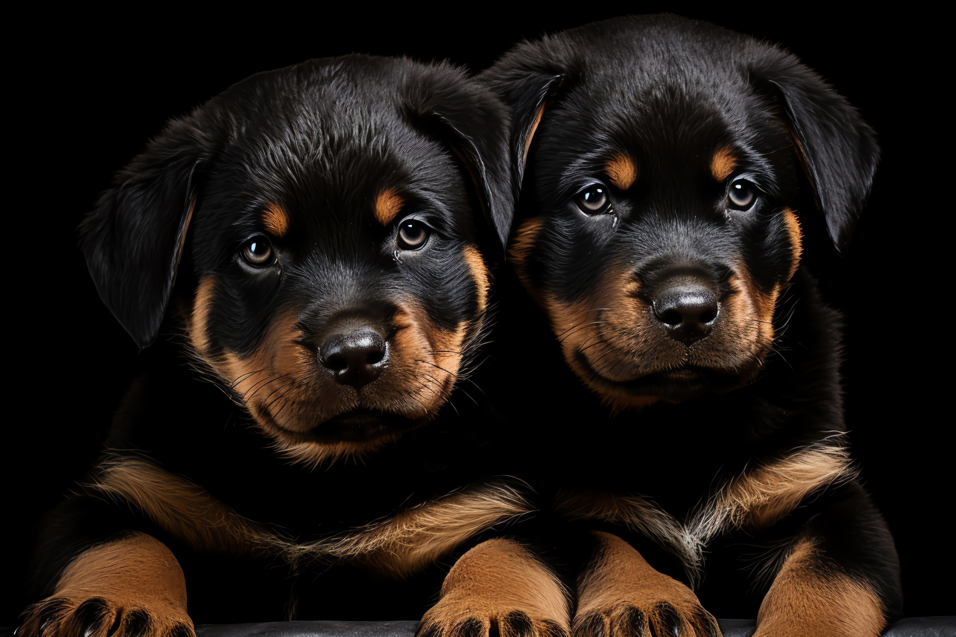 Alert puppies, Rottweiler siblings, Watchful eyes, Lustrous coats, Homogenous environment, HD Desktop Image