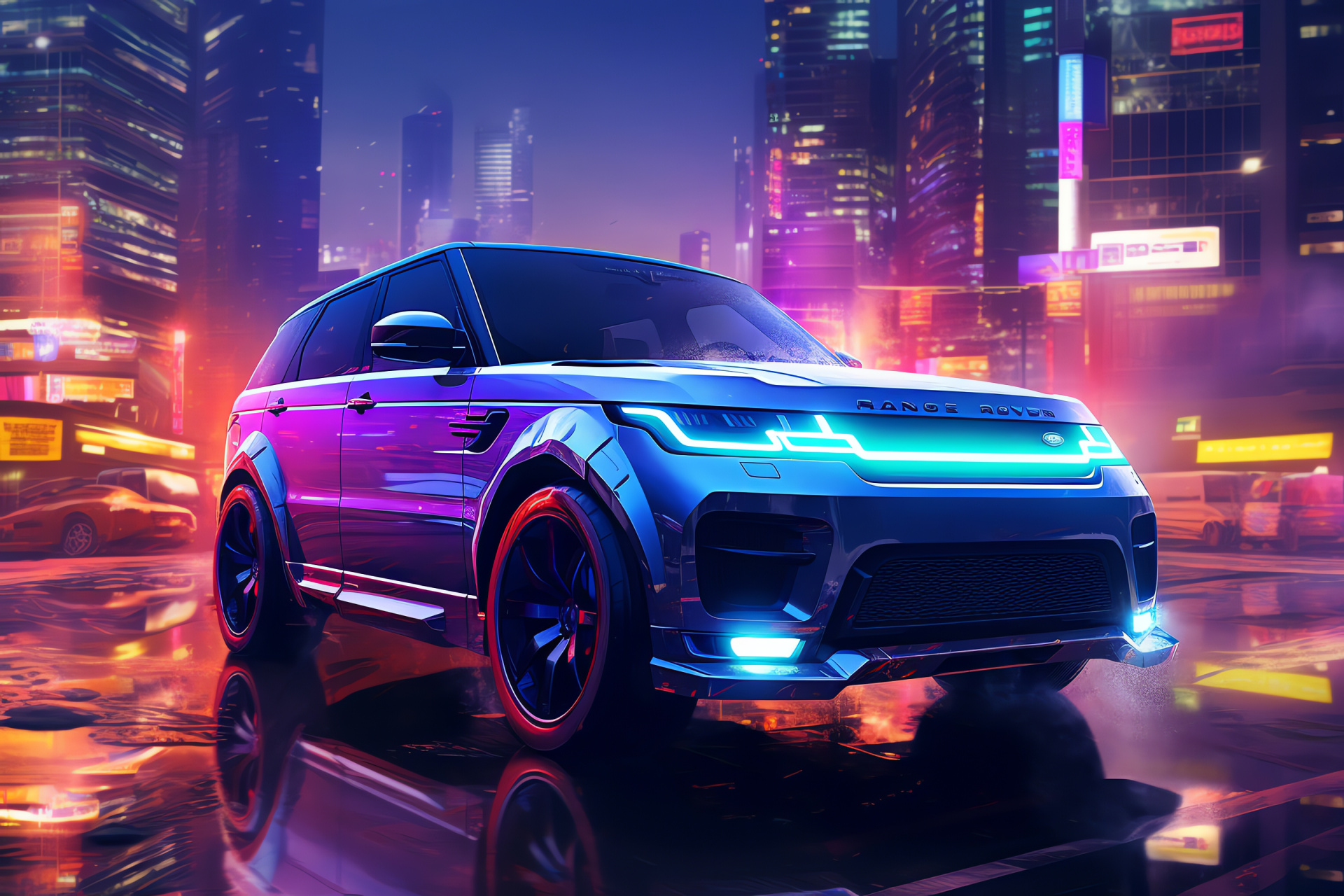 Range Rover Sport 2018, Futuristic setting, Elevated angle, Urban illumination, Vehicle elegance, City nights, HD Desktop Image
