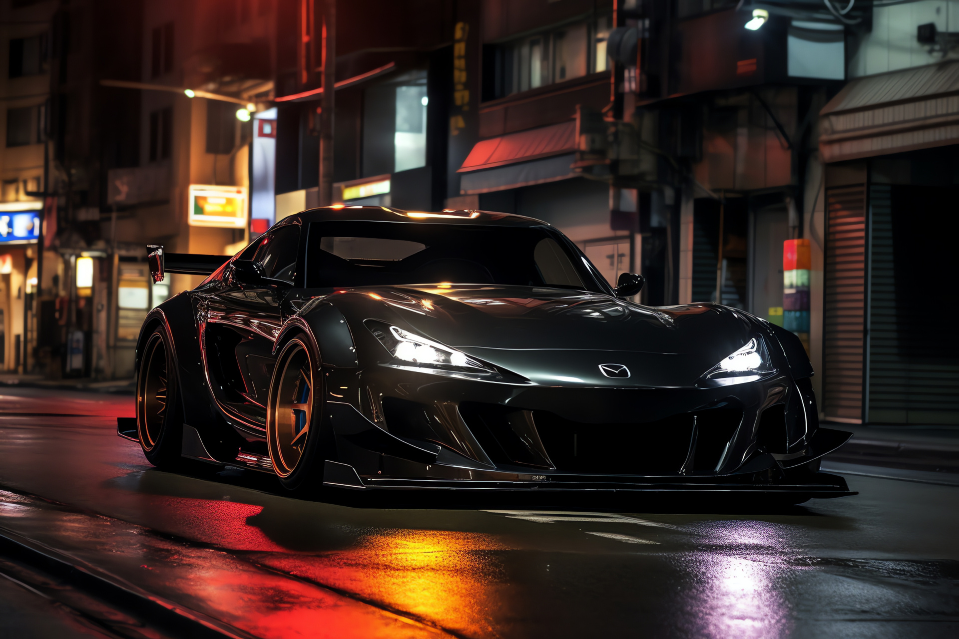 Veilside custom car, Mazda RX-7 modified, Tokyo auto culture, Shibuya district automotive scene, performance enhancements, HD Desktop Image