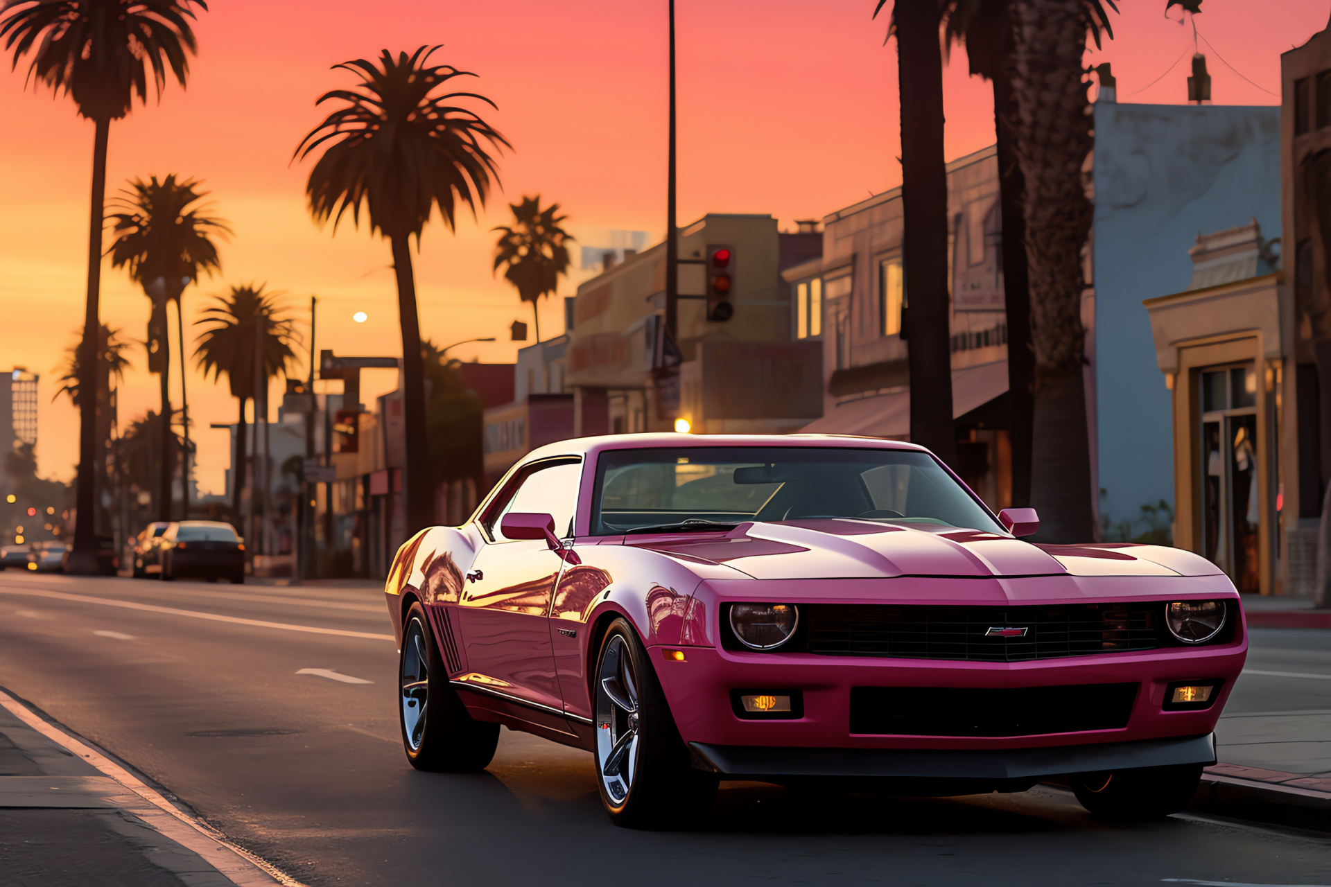 Los Angeles Pink Chevrolet Camaro, Hollywood's Sunset Boulevard, Iconic palm-lined streets, Evening urban backdrop, Advertisement billboards, HD Desktop Wallpaper