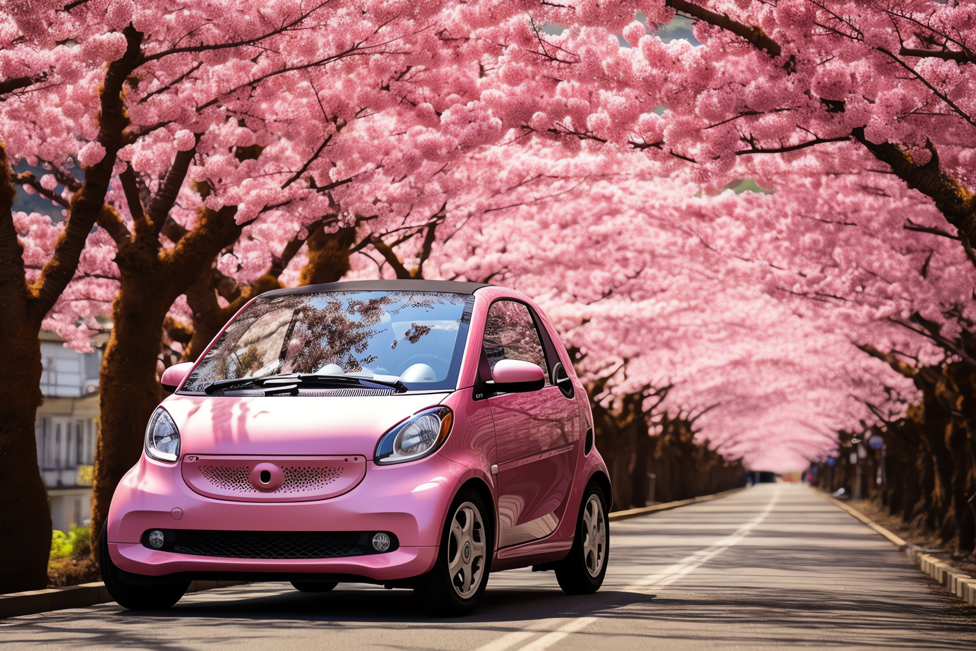 Smart Car hybrid Japan, Kyoto scenery, cherry blossoms, temple serenity, garden tranquility, eco-friendly tech, HD Desktop Wallpaper