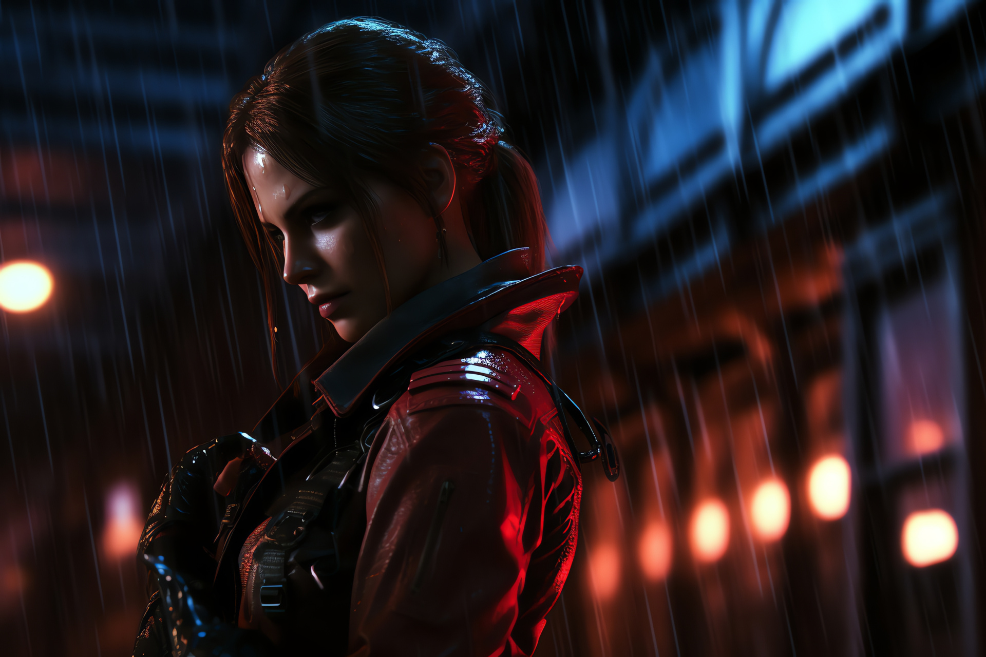 Claire Redfield, Raccoon City explorer, Rain-soaked survival, Evening escapade, Video game streets, HD Desktop Image