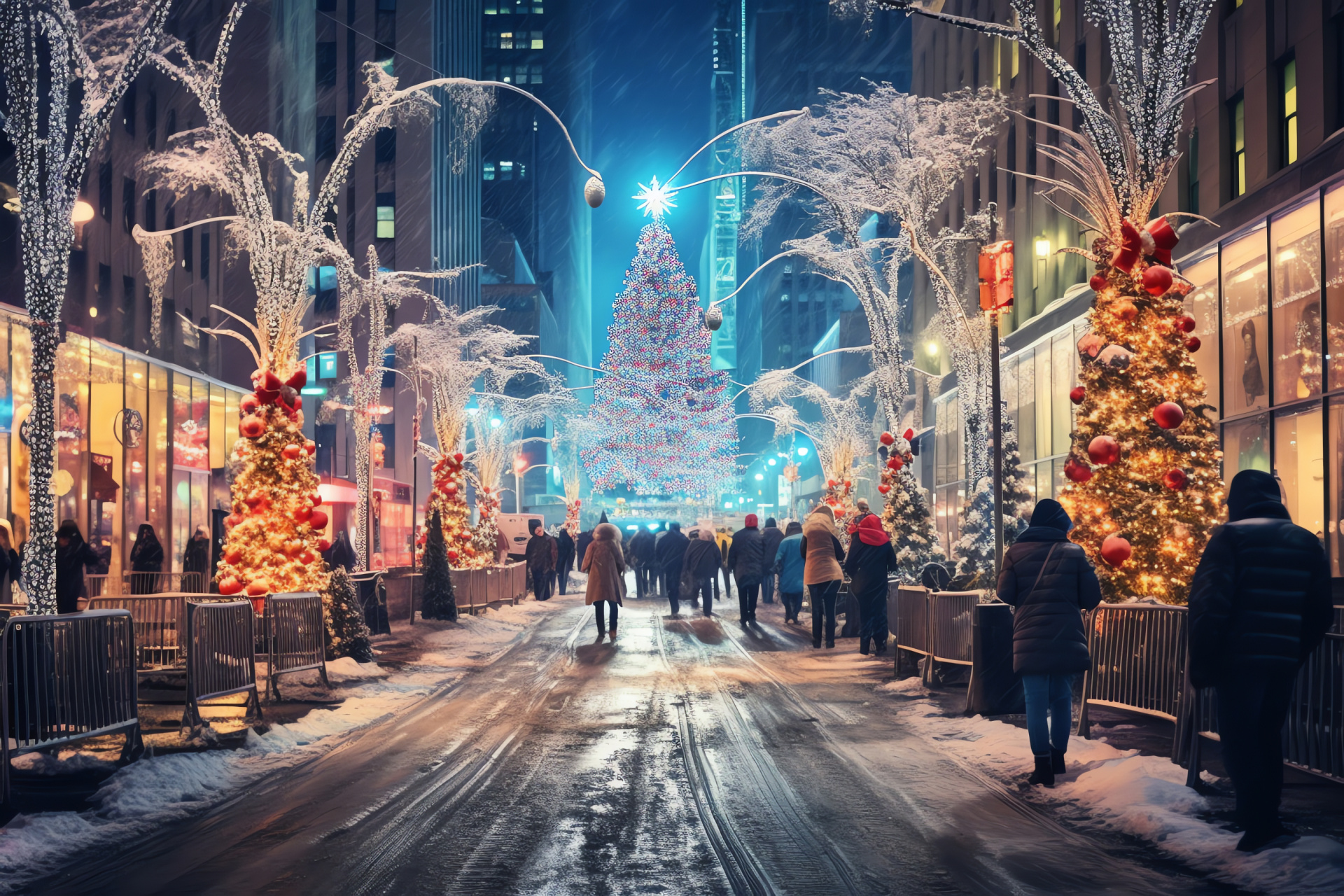 Rockefeller Center holidays, Festive beverage warmth, Snowflake charm, Seasonal magic, Winter night, HD Desktop Wallpaper