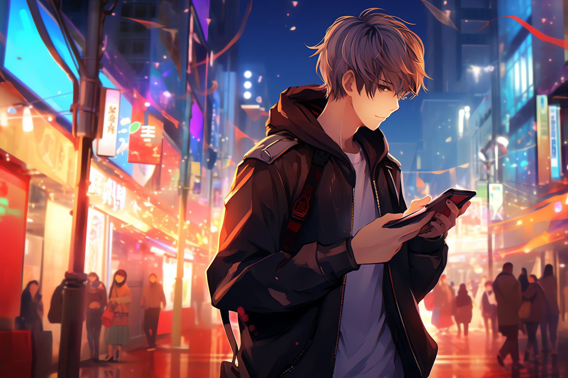 Simulation game protagonist, Mystic Messenger MC, Dynamic scene, Urban exploration, Mobile technology, HD Desktop Wallpaper