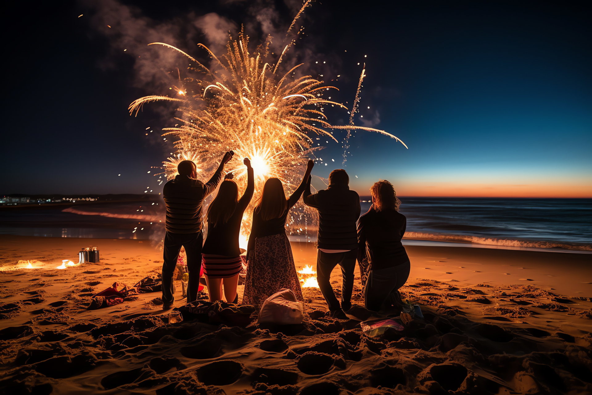 Beachside New Year's, bonfire warmth, surfside celebration, fireworks illumination, sandy revelry, HD Desktop Image