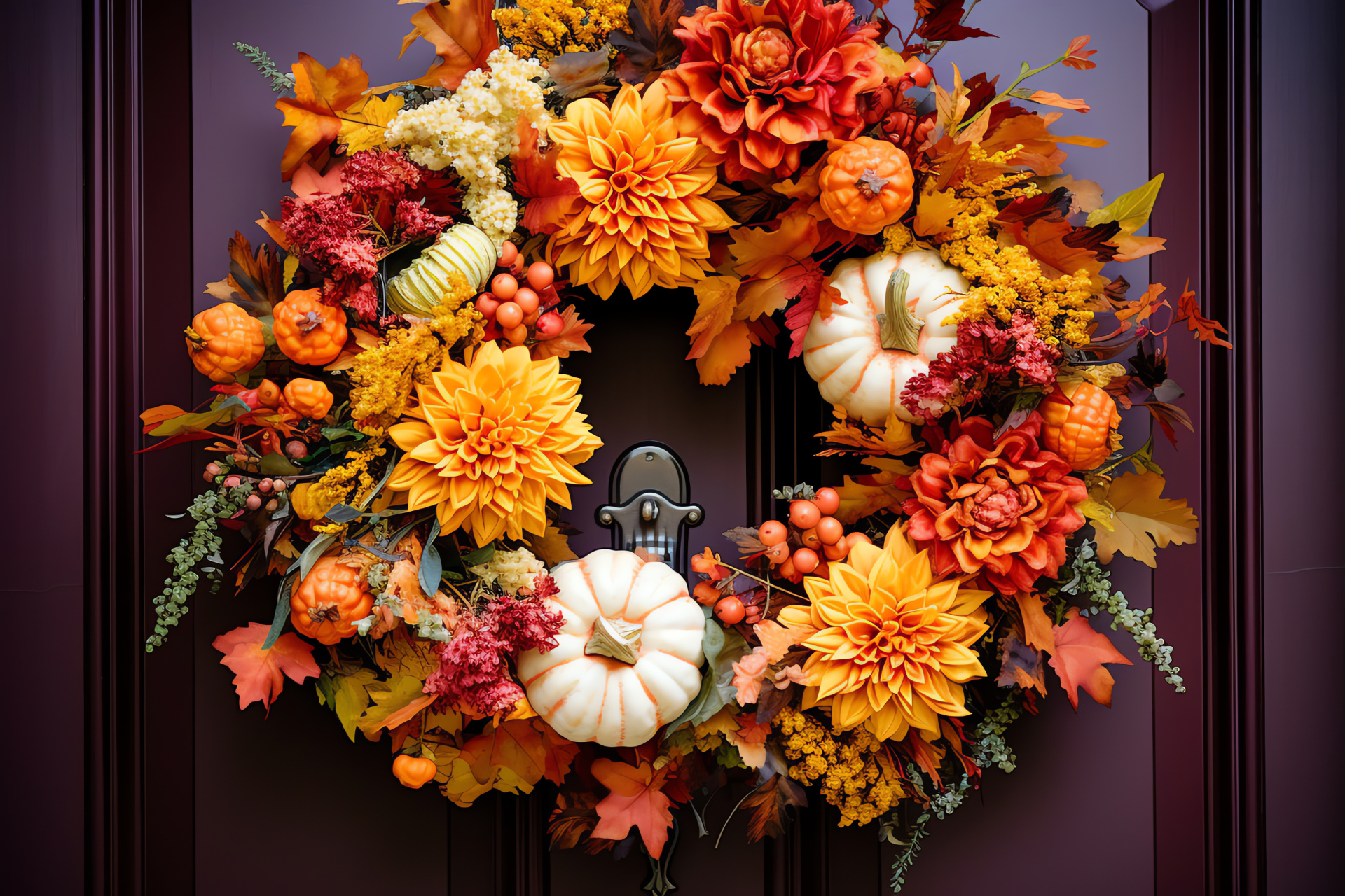 Festive fall entryway, cheerful autumn wreath, bountiful arrangement, welcoming door adornment, seasonal vibrance, HD Desktop Wallpaper