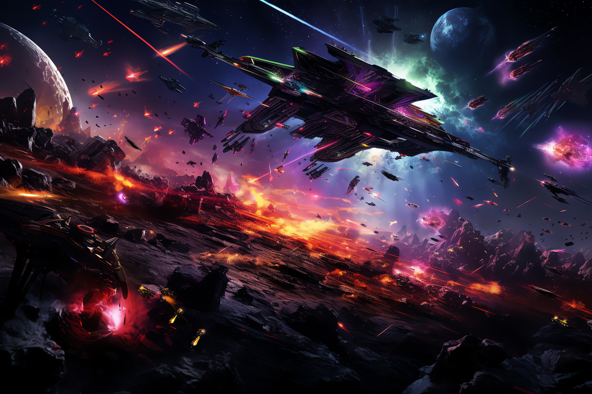 Interstellar warfare, Cosmic confrontation, Spaceship armament, Galactic illumination, Sci-fi action, HD Desktop Wallpaper