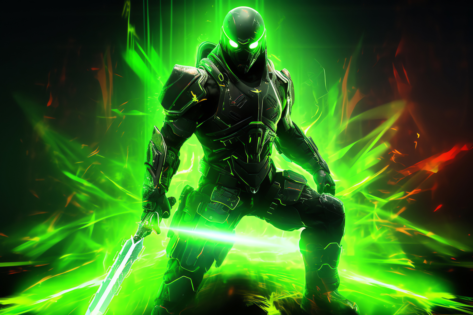 Futuristic MW2 Warrior, Glowing Energy Sword, Neon Combat, Tactical Movement, Enhanced Soldier, HD Desktop Image