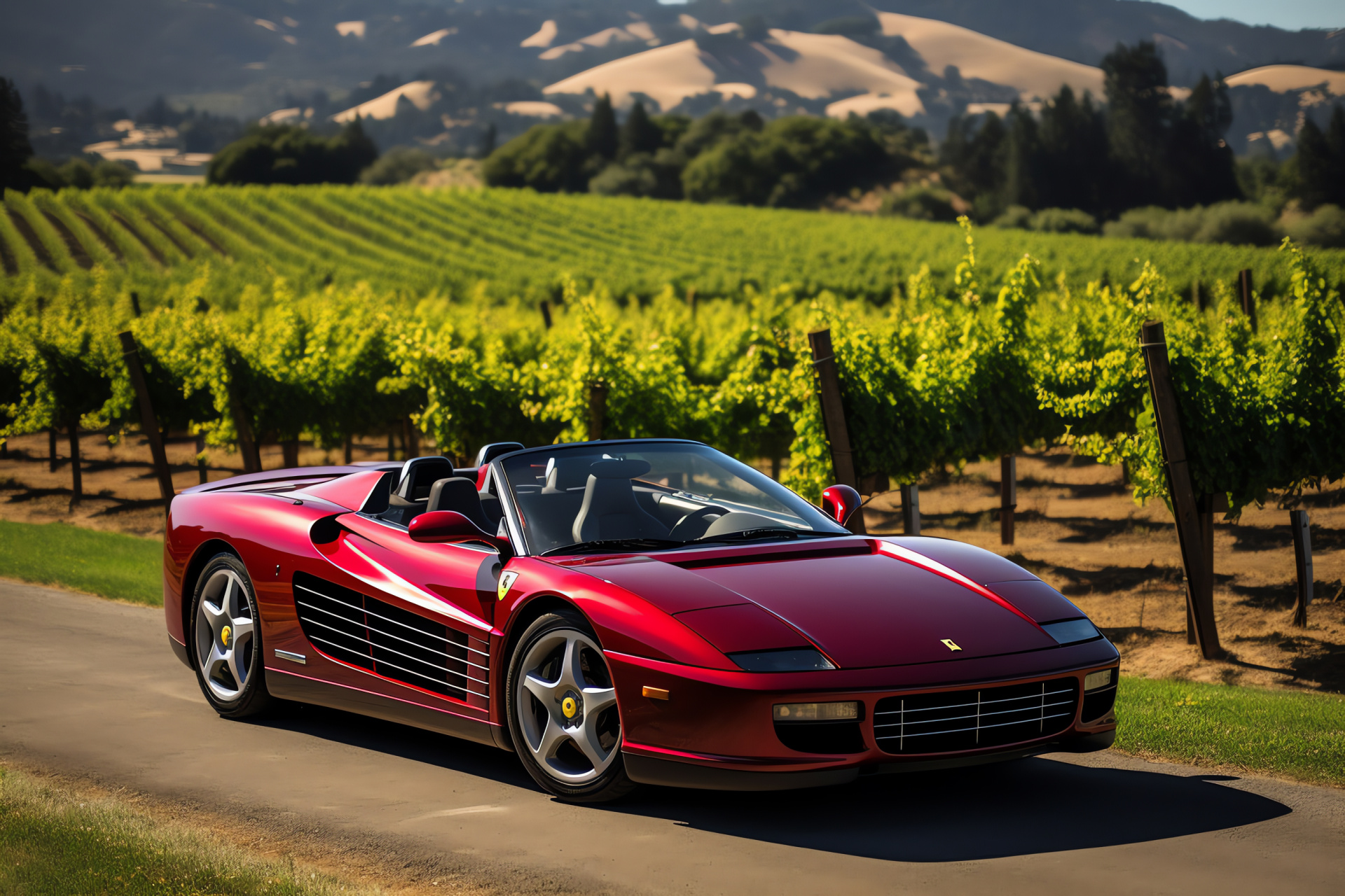 Ferrari Testarossa Spider, Napa Valley cruising, Convertible car glamour, Vineyard scenic route, Californian wine country, HD Desktop Image