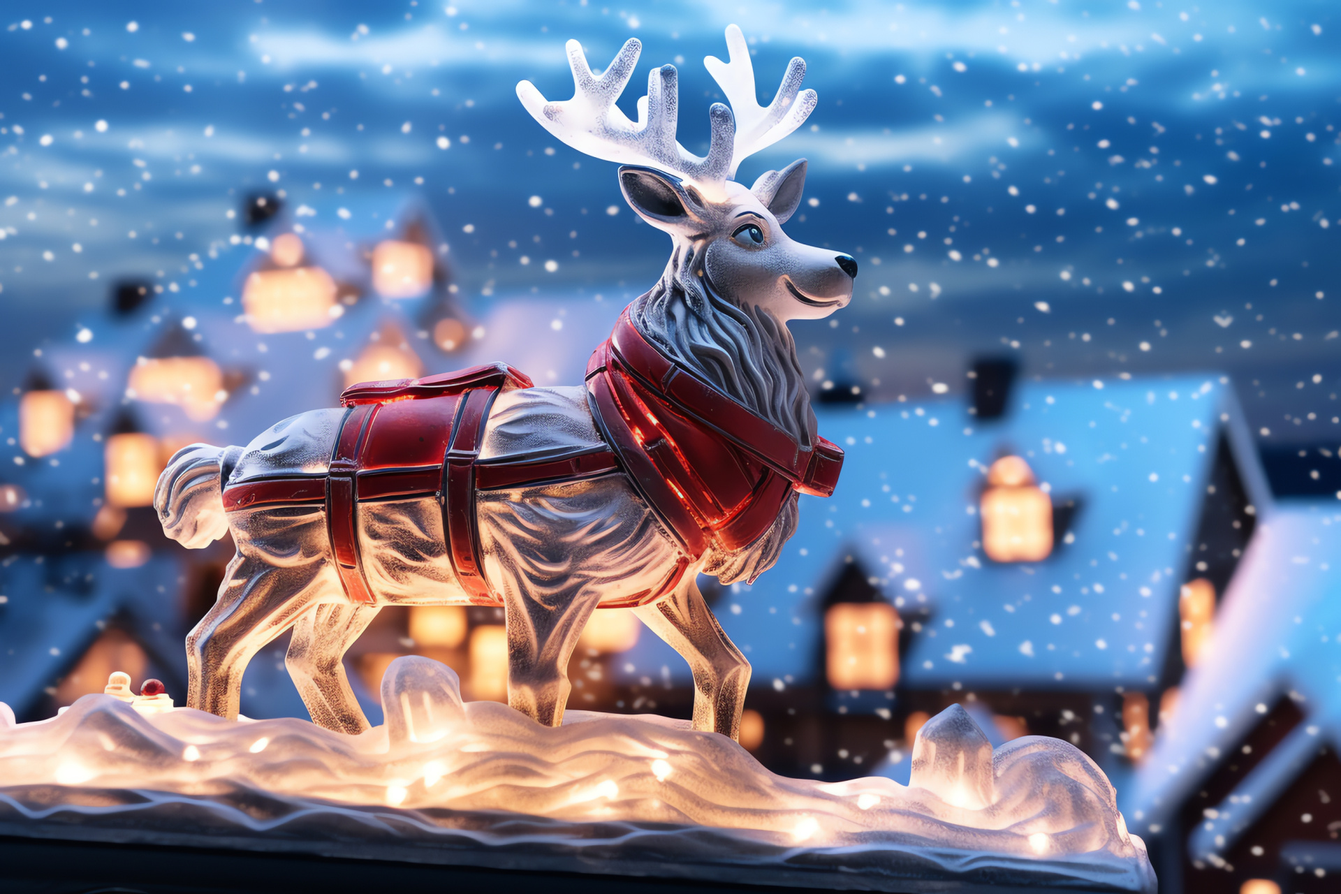 Nocturnal gift delivery, Snow-dusted rooftops, Father Christmas' journey, Reindeer flight prep, Festive package display, HD Desktop Image