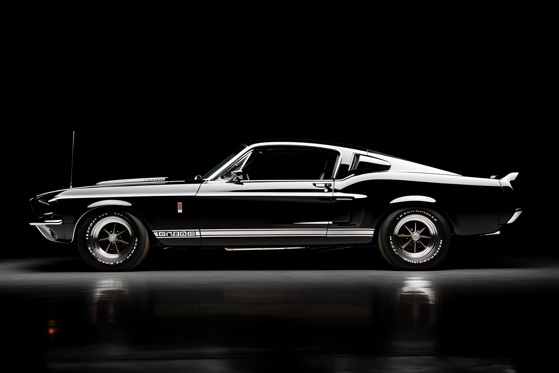 1969 Shelby Mustang GT500, Classic profile, Monochrome backdrop, Contrast stripe detailing, Muscle car legend, HD Desktop Image