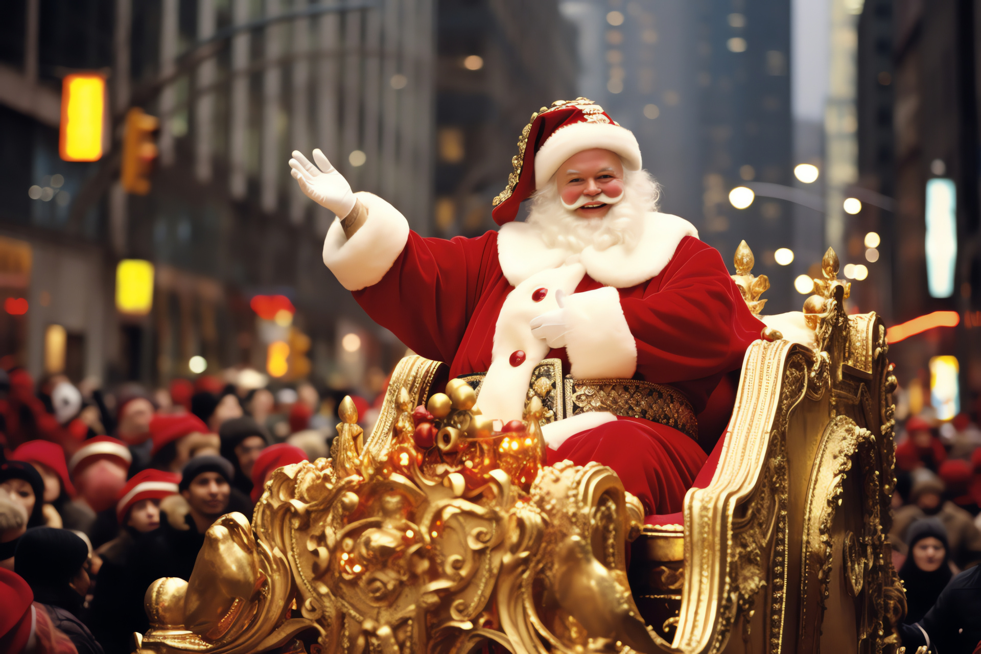 Santa Claus visiting New York, Holiday sleigh over Manhattan, Magical Rockefeller Center, Urban Christmas scene, City skyscrapers, HD Desktop Image