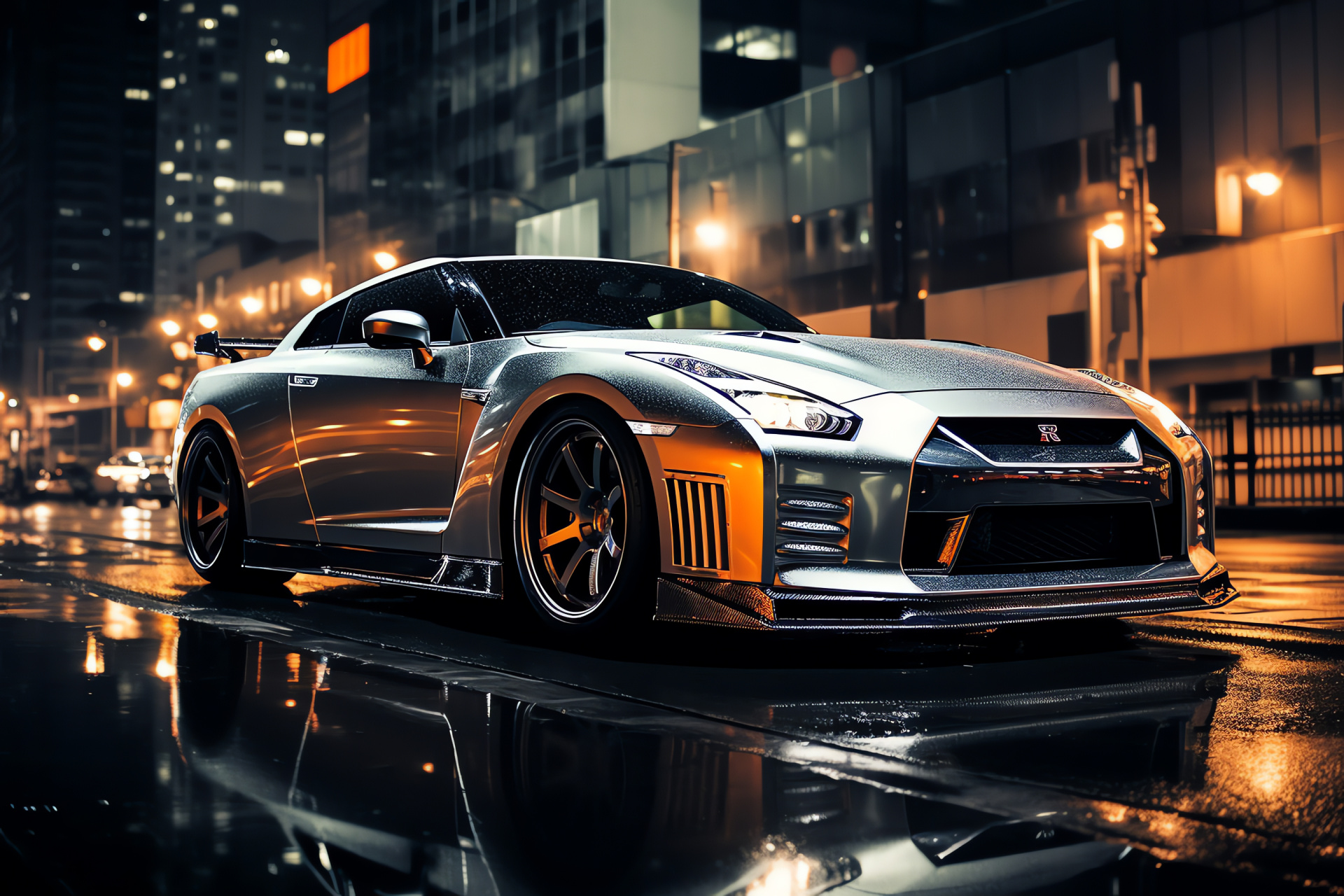 Nissan GTR, Tokyo streets, urban lights, streamlined design, metropolitan panorama, HD Desktop Image