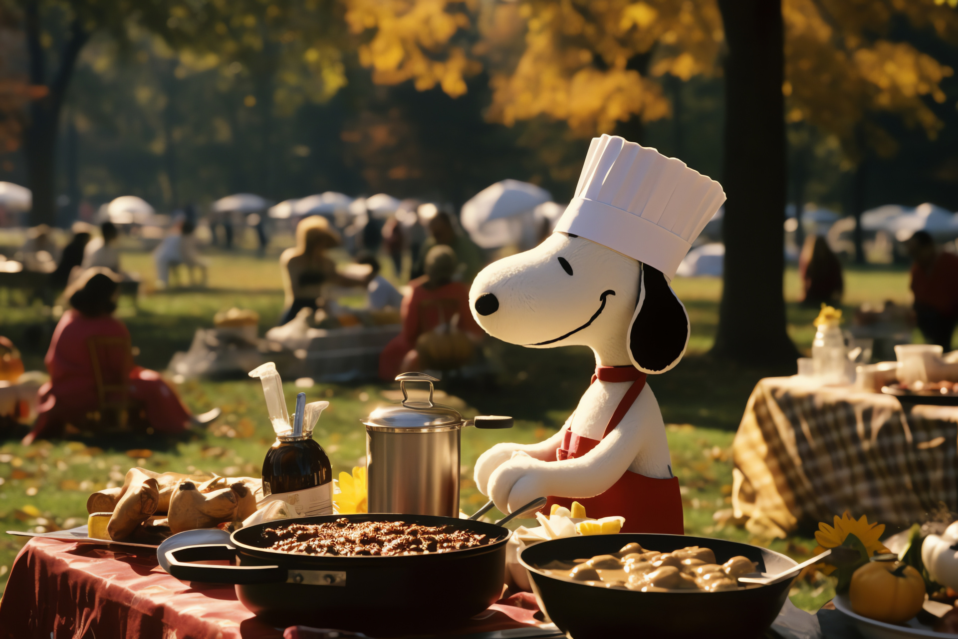 Snoopy Thanksgiving gathering, cartoon Woodstock, community celebration, lush park scenery, autumn potluck, HD Desktop Image
