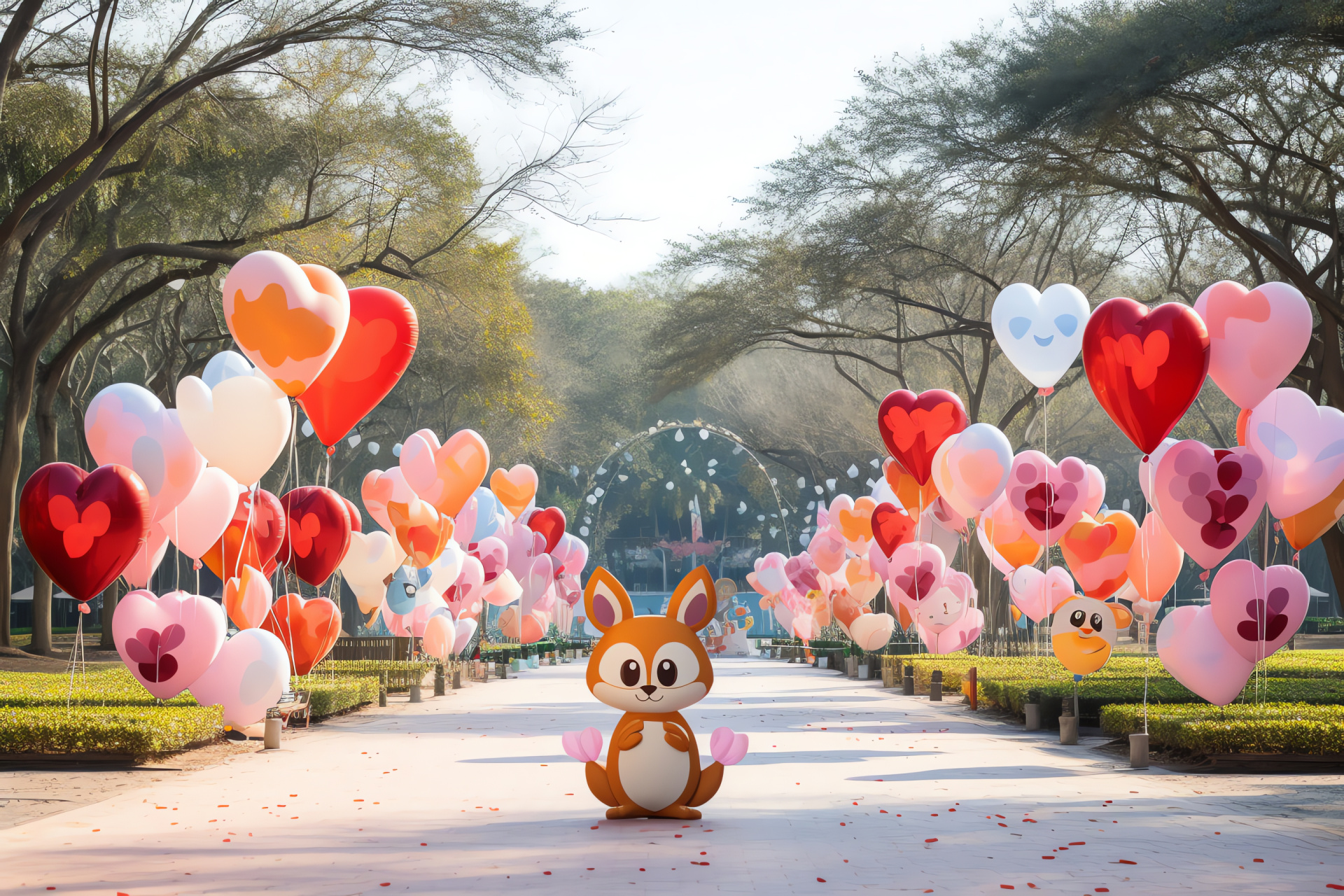 Valentine celebration, Romantic setting, Tranquil park scenery, Festive decorations, Airborne hearts, HD Desktop Image