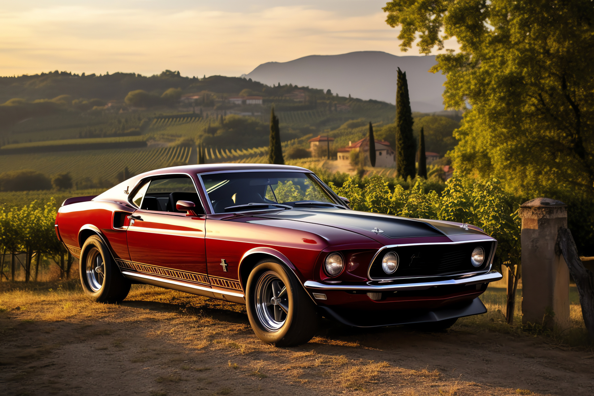 Mach 1 Ford Mustang, Idyllic Tuscan landscape, Muscle car close-up, Undulating Italian topography, Vineyard agricultural tableau, HD Desktop Image