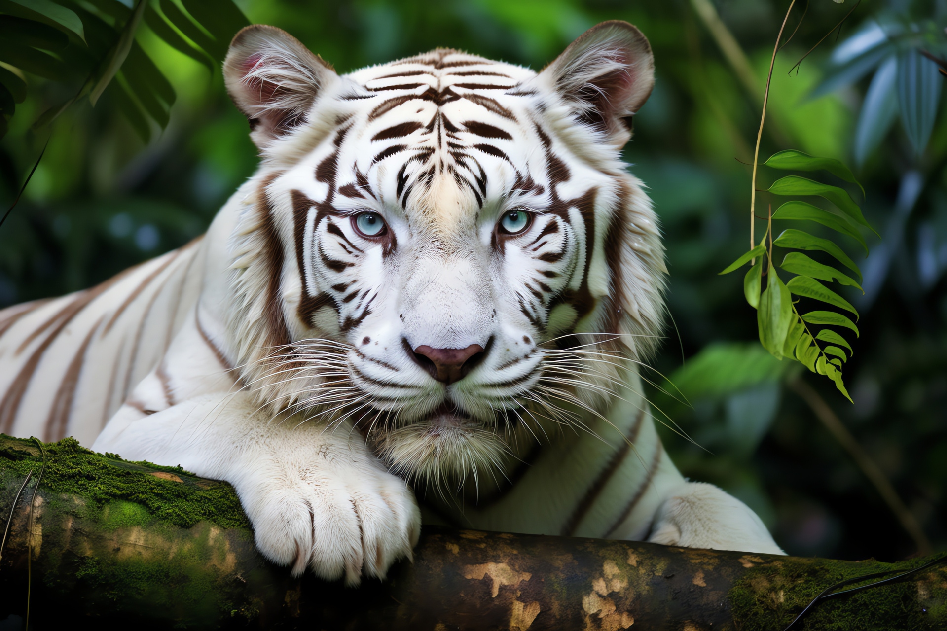 Arboreal tiger, White Bengal Tiger, Icy stare, Pristine coat, Rainforest perch, HD Desktop Wallpaper