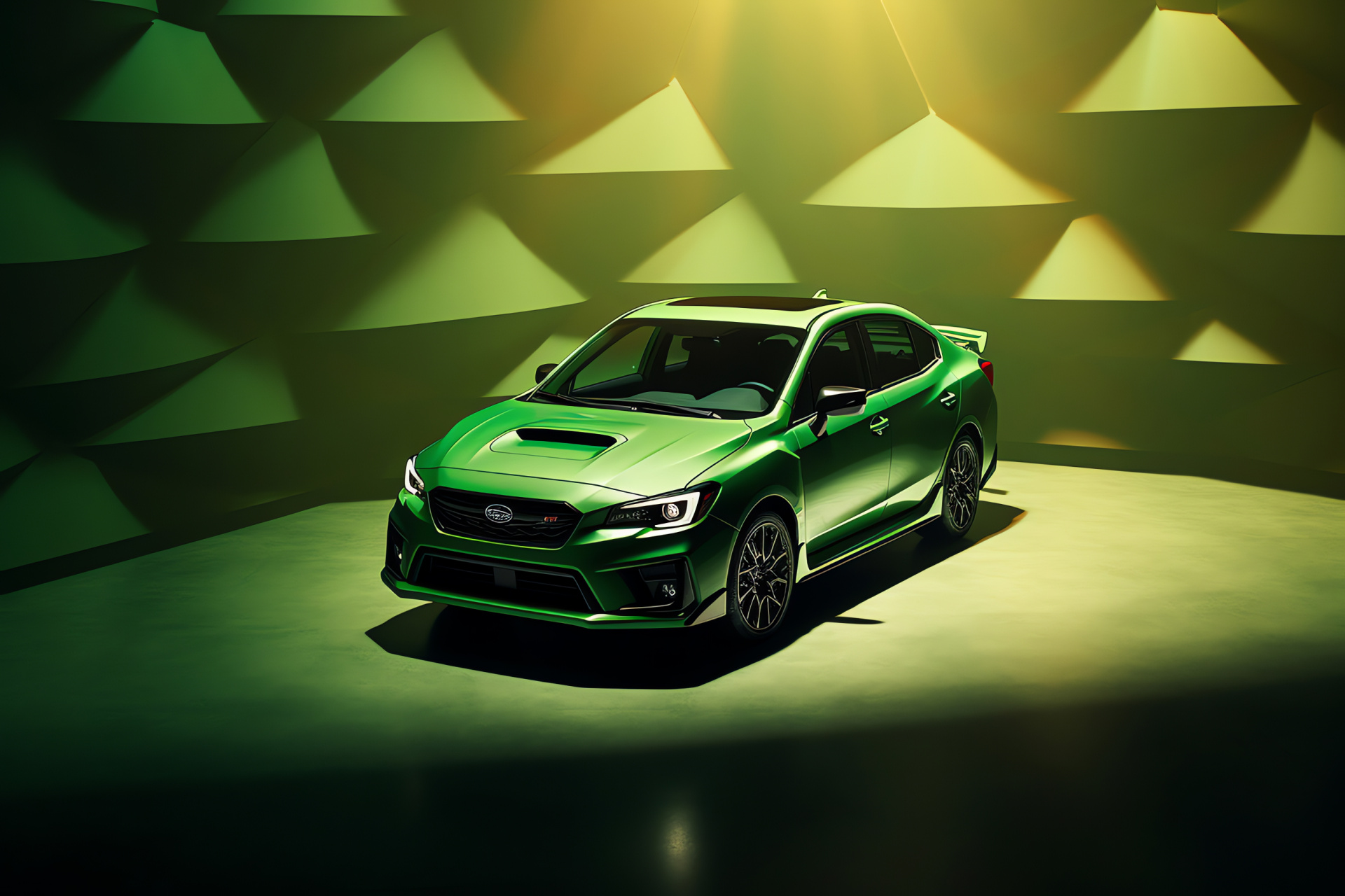 Subaru WRX STI 2021, high angle portrayal, vibrant green appearance, unicolored backdrop, HD Desktop Image