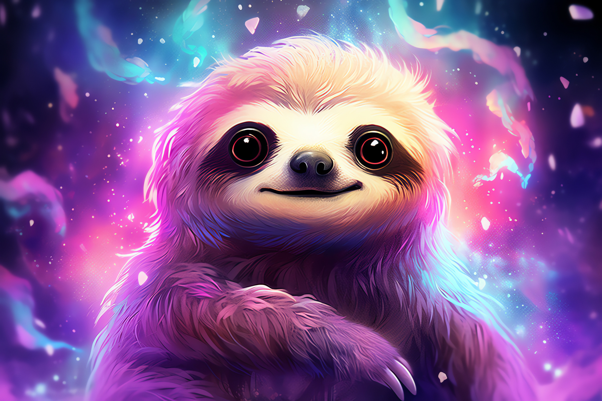 Sloth in cosmos, Pastel fur, Stellar nursery backdrop, Soft hues, Fantasy animal, HD Desktop Image