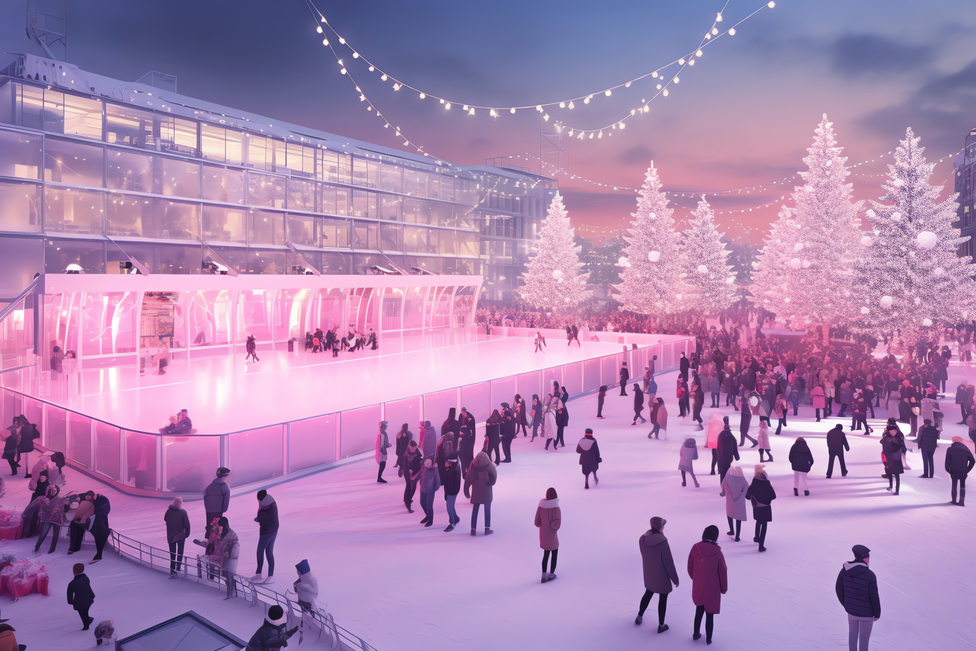 Holiday ice rink, Cityscape winter festivities, Festive pink illumination, Joyful skaters, Christmas decor, HD Desktop Image