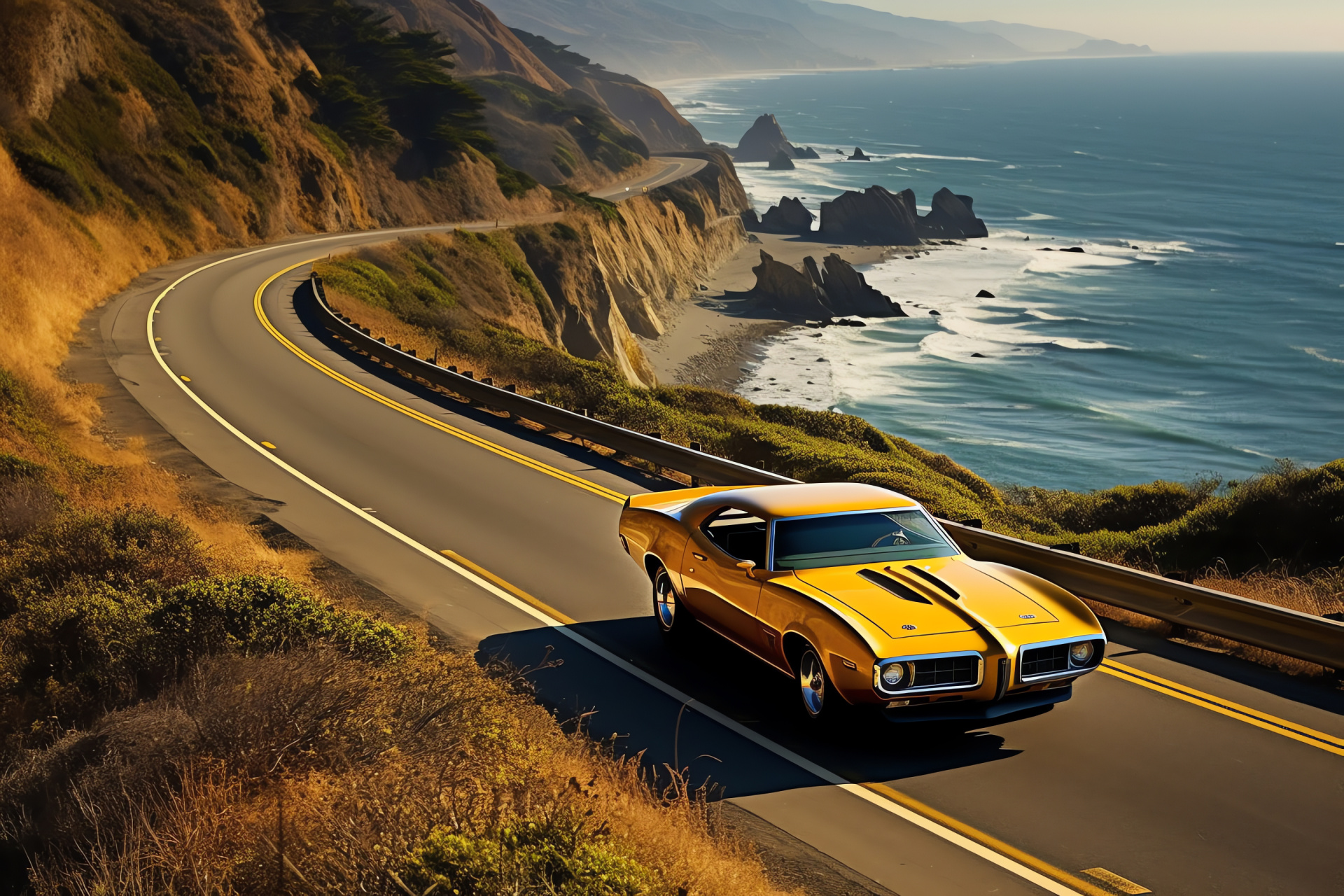 Pontiac Firebird Trans Am, Pacific Coast cruising, Californian highway beauty, Cliffside ocean views, Golden finish, HD Desktop Image