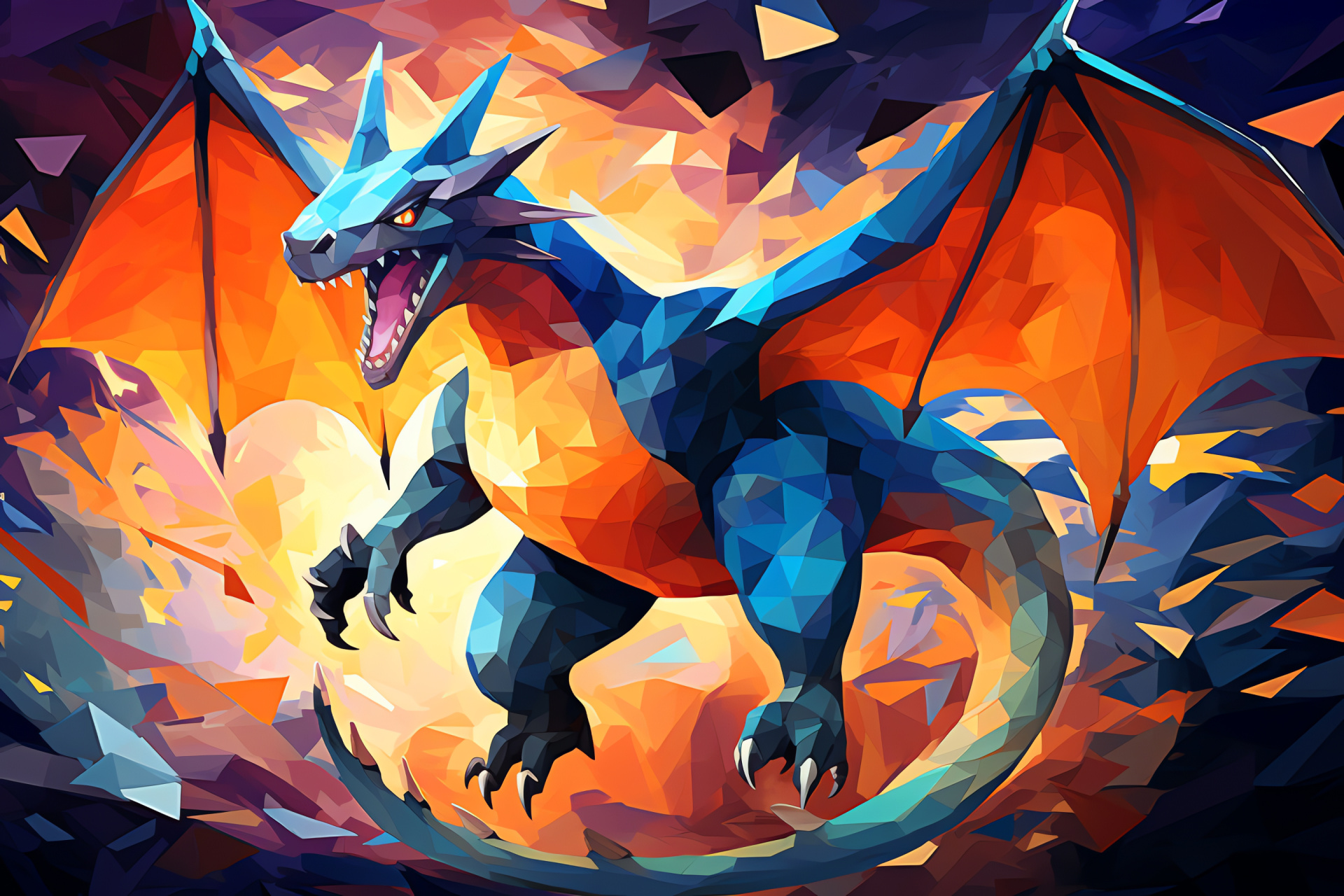 Mega Charizard stature, gaming creature, draconic strength, incandescent scales, azure gaze, HD Desktop Wallpaper