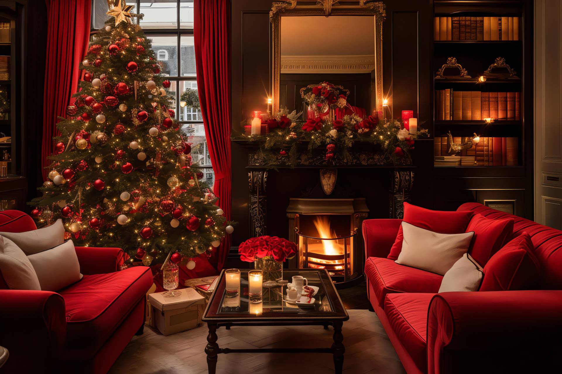 Traditional London home, Christmas decor, Fireside warmth, Festive interior, Hanging stockings, HD Desktop Image