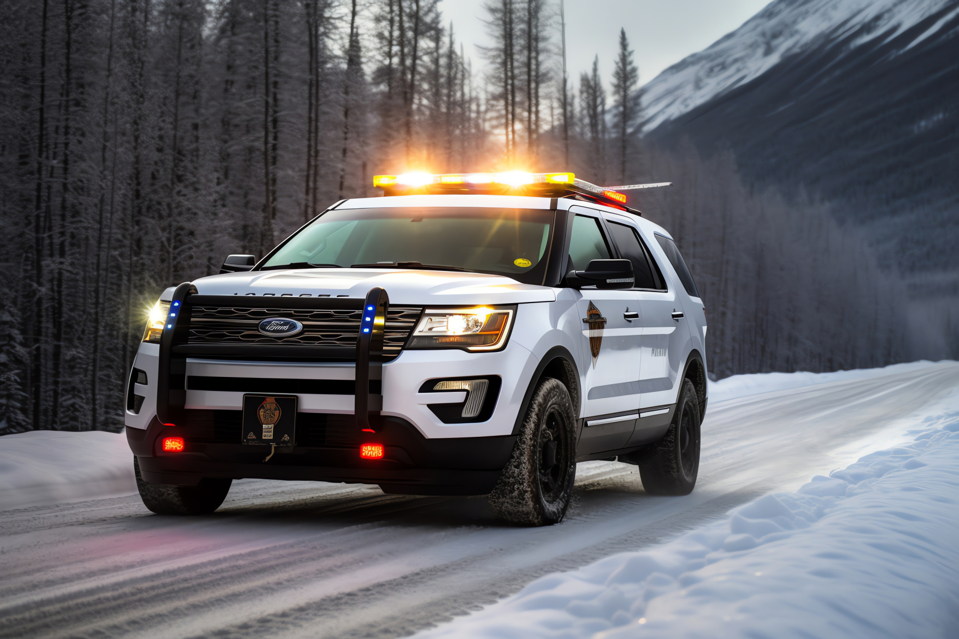 Police SUV, Law enforcement vehicle, Alaska patrol, Winter roads, Emergency lights, HD Desktop Image