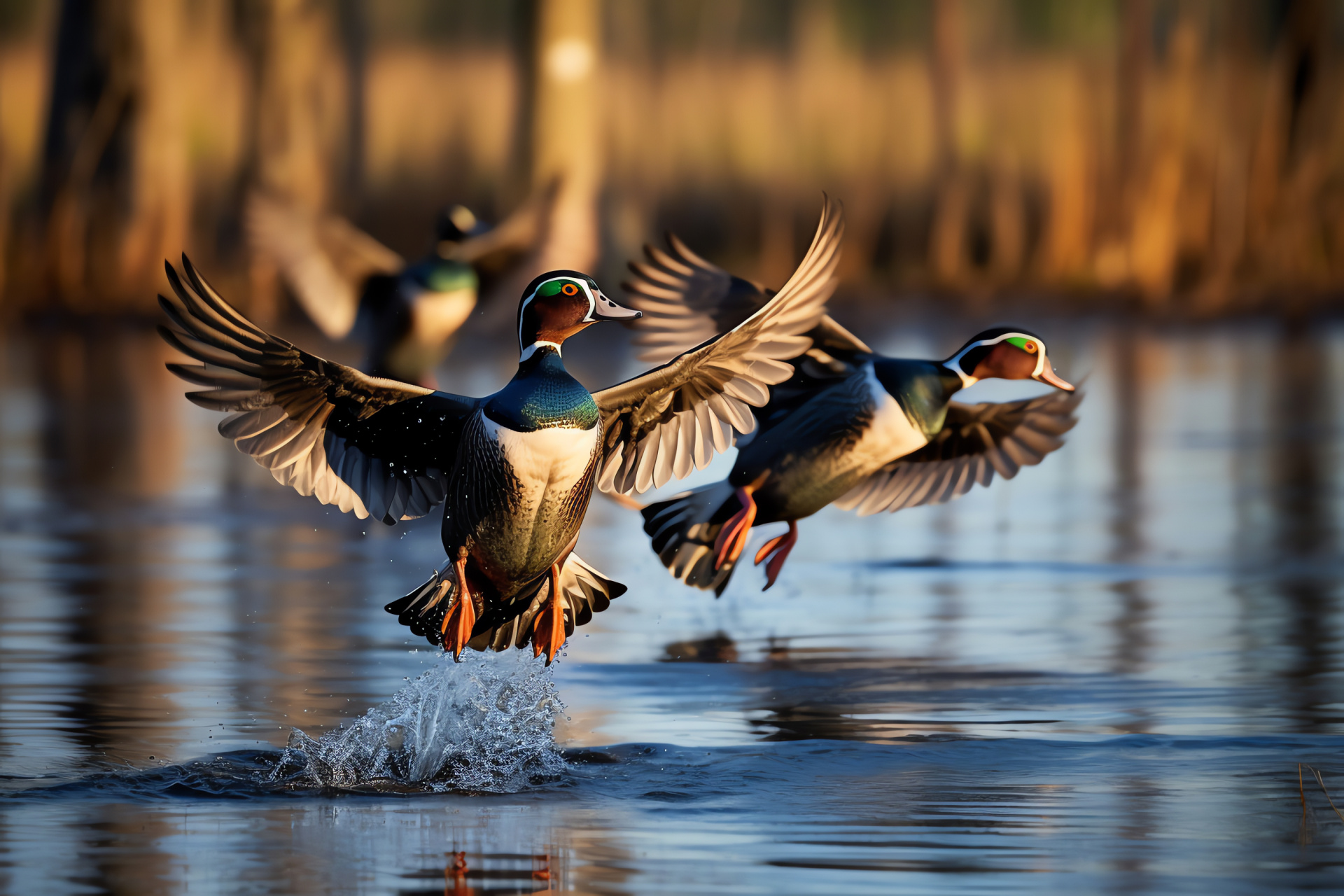 Wood Duck group, Overhead flight, Iridescent spectrum, Skyward ducks, Aquatic feathers, HD Desktop Wallpaper