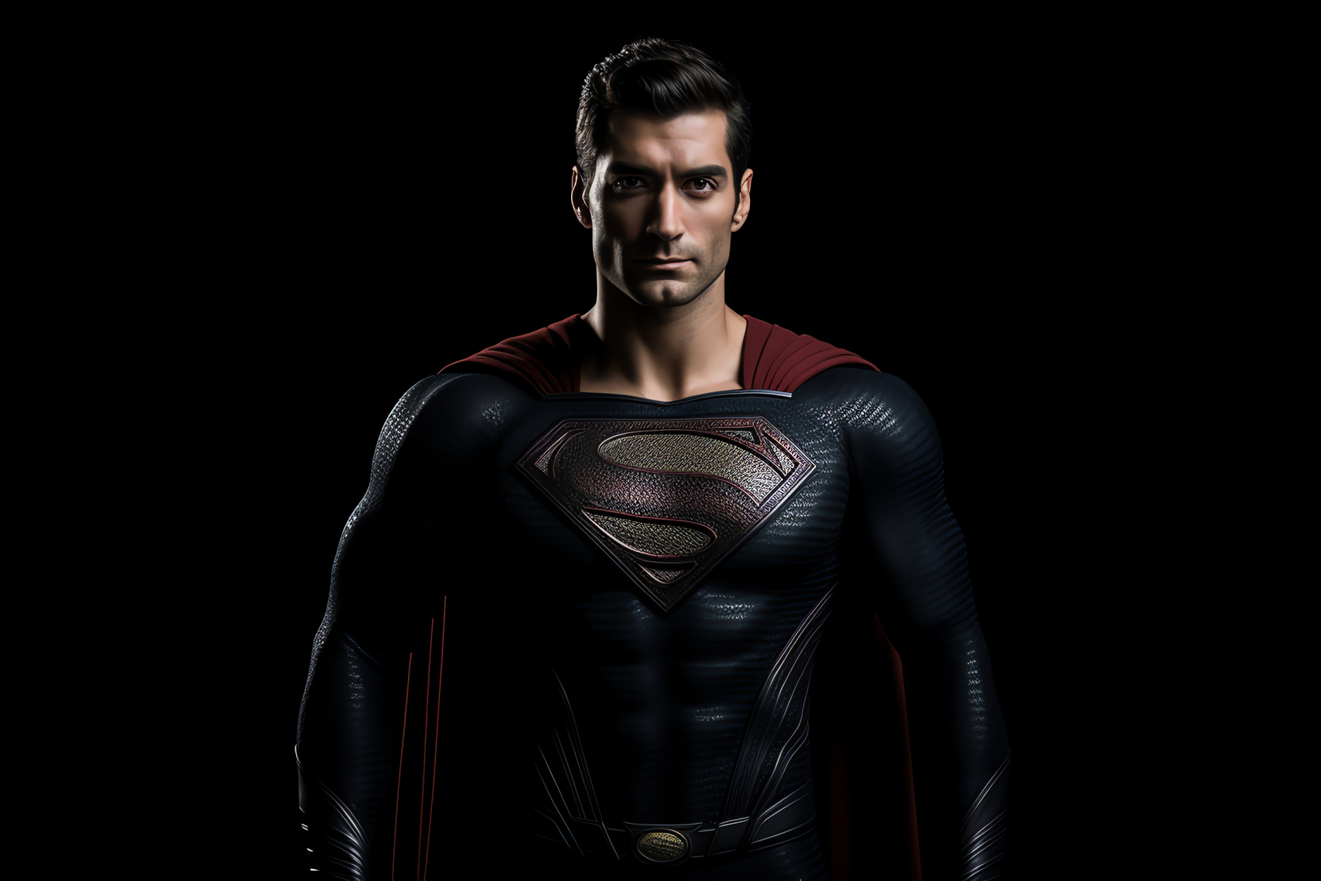 Superman, Heroic posture, Gleeful superhero, Superhuman gaze, Dark canvas, HD Desktop Image