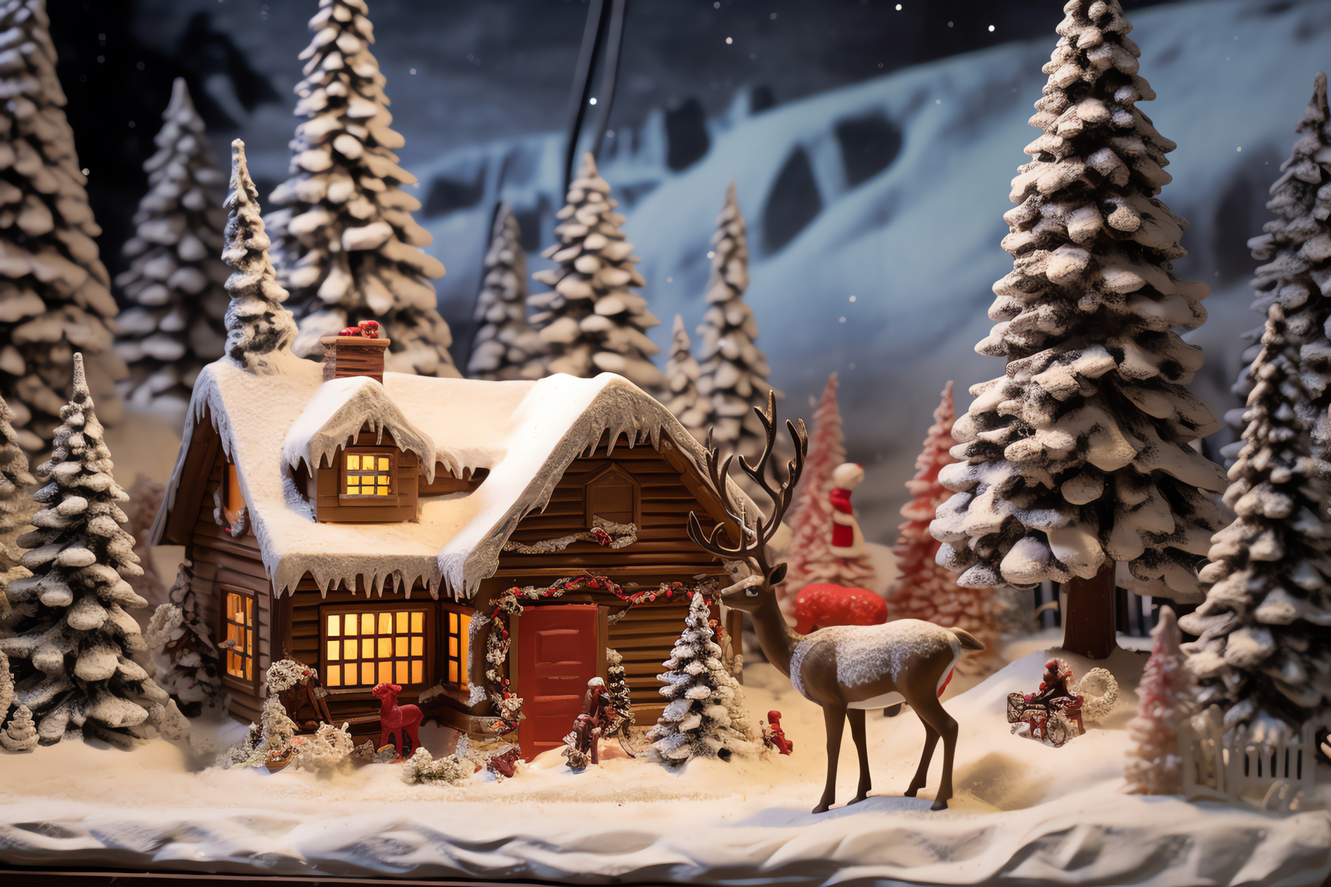 Reindeer celebrity, altitude dwelling, blaze, forested elevation, frosty vista, HD Desktop Wallpaper