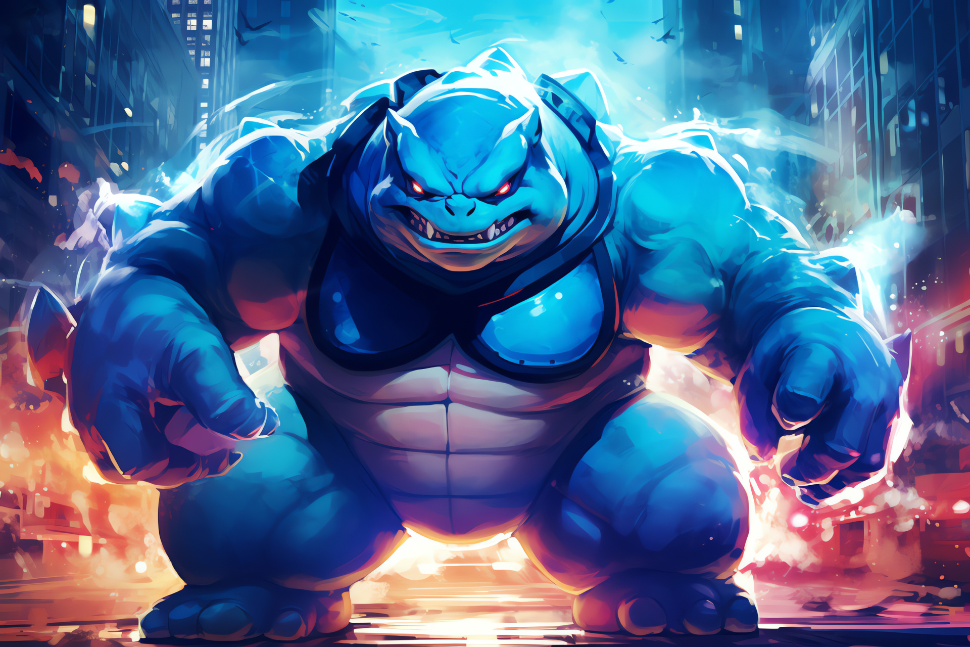 Lumiose Blastoise, Metropolitan setting, Animated water blast, Kalos region, Urban adventure, HD Desktop Image