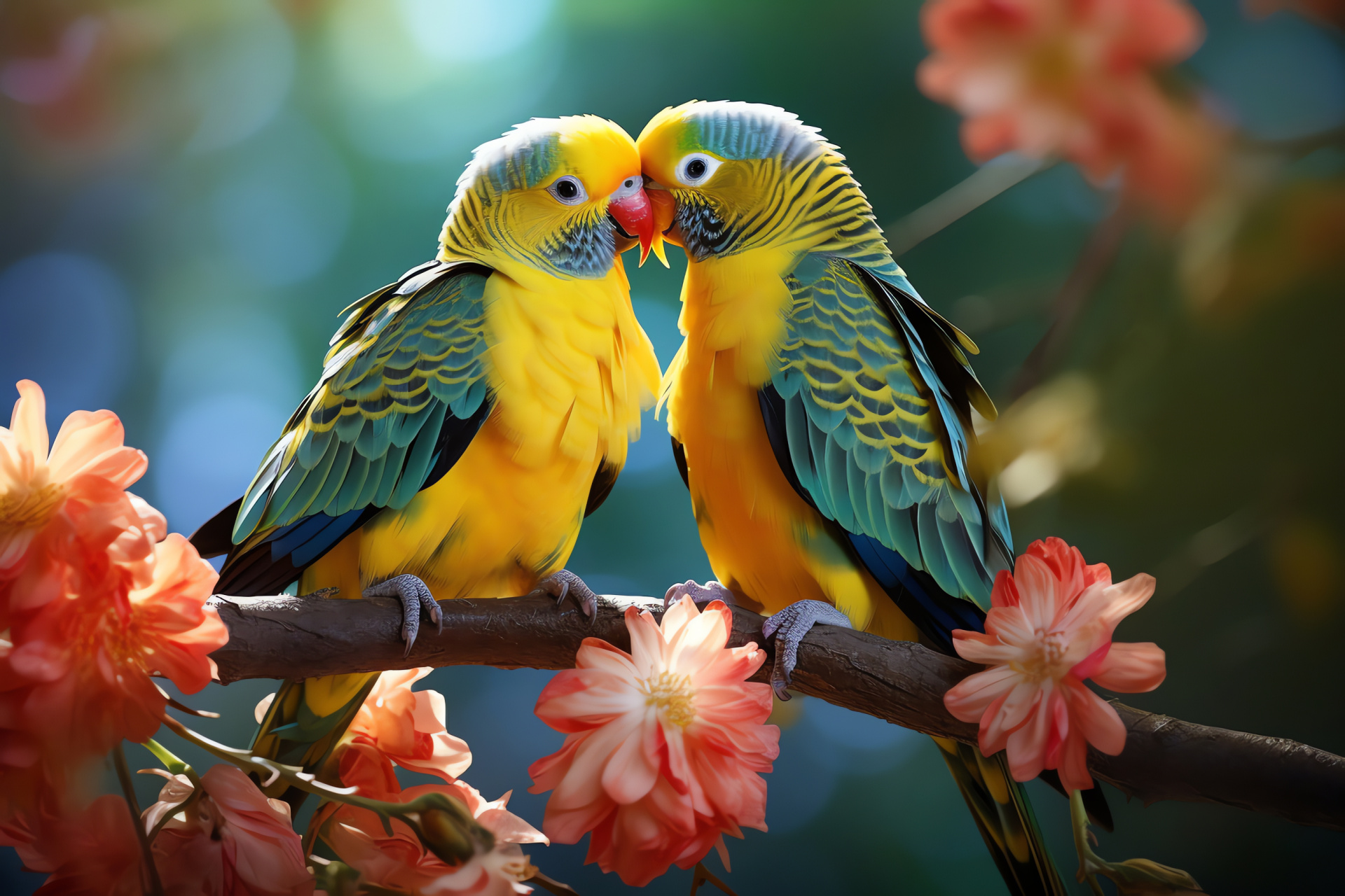 Birds colorful, Parakeets sunbathed, Feathers citrus, Foliage embrace, Garden harmony, HD Desktop Image